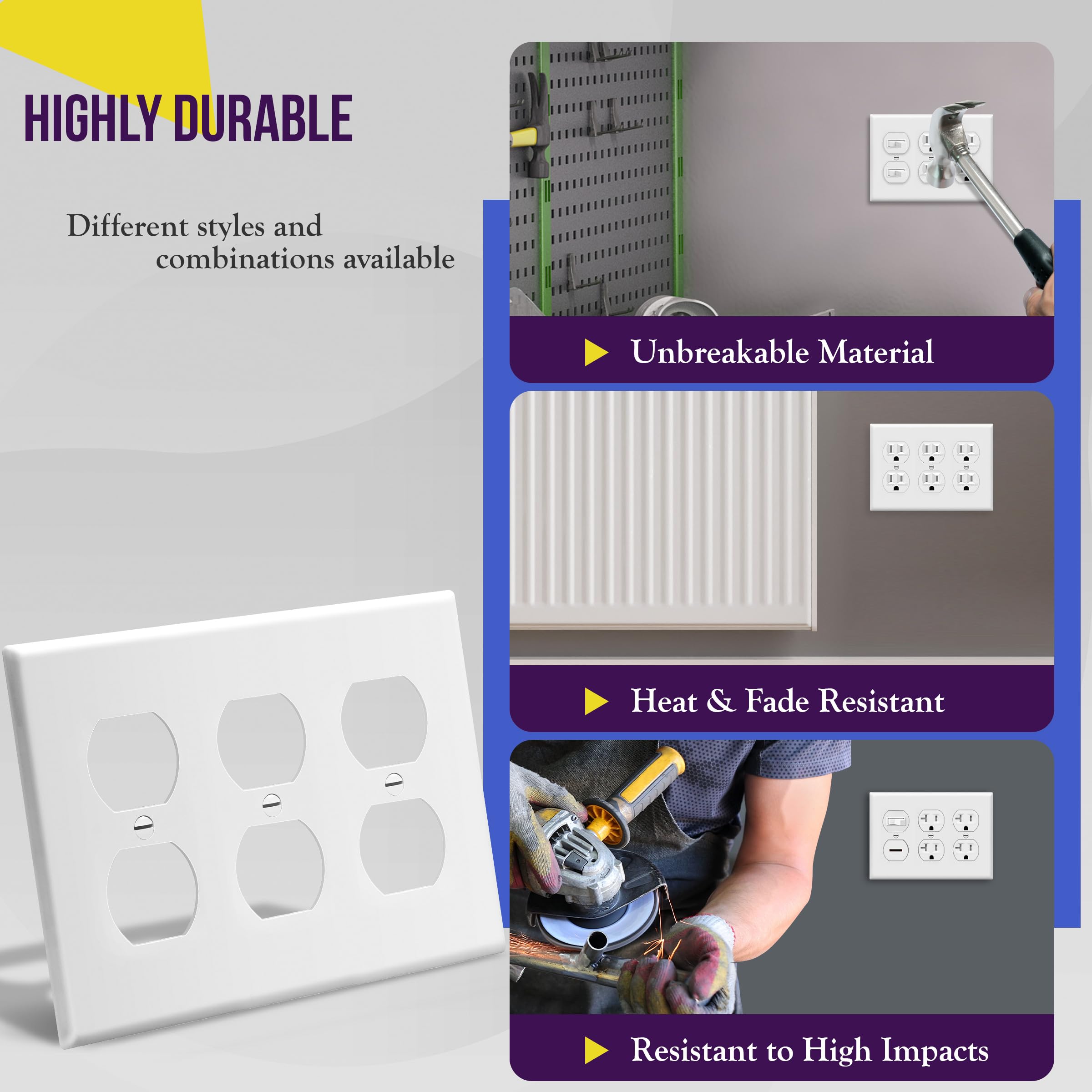 Enerlites 8823-W 3-Gang Duplex Outlet Wall Switch Plate, Standard Size, Unbreakable Polycarbonate, White, White 3-gang, 3 Gang - Image 4