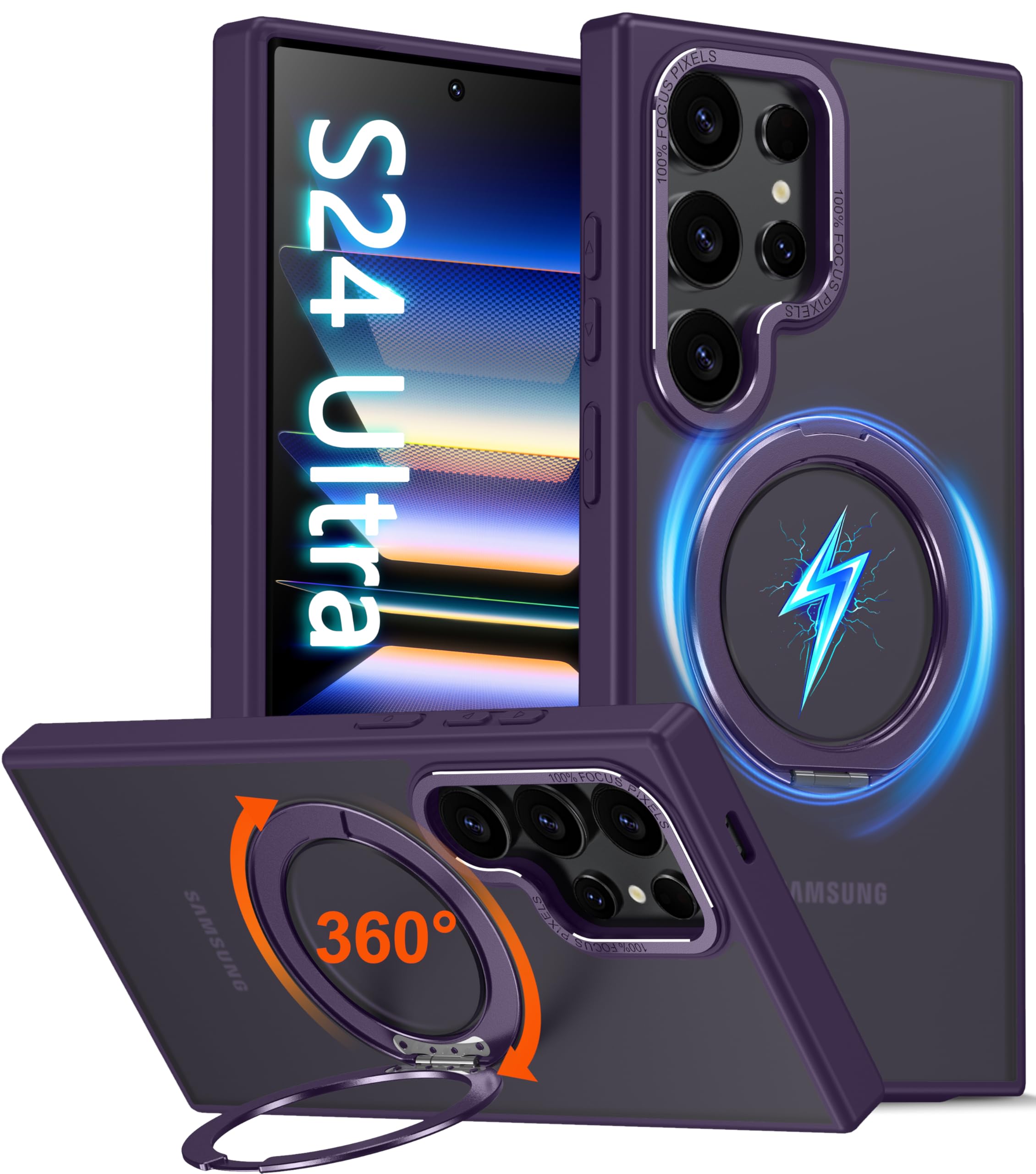 Oneagle 360° Spin Magnetic Stand for Samsung Galaxy S24 Ultra Case Translucent [Fit for Magsafe],[15FT Military Grade Shockproof] Matte Slim S24 Ultra