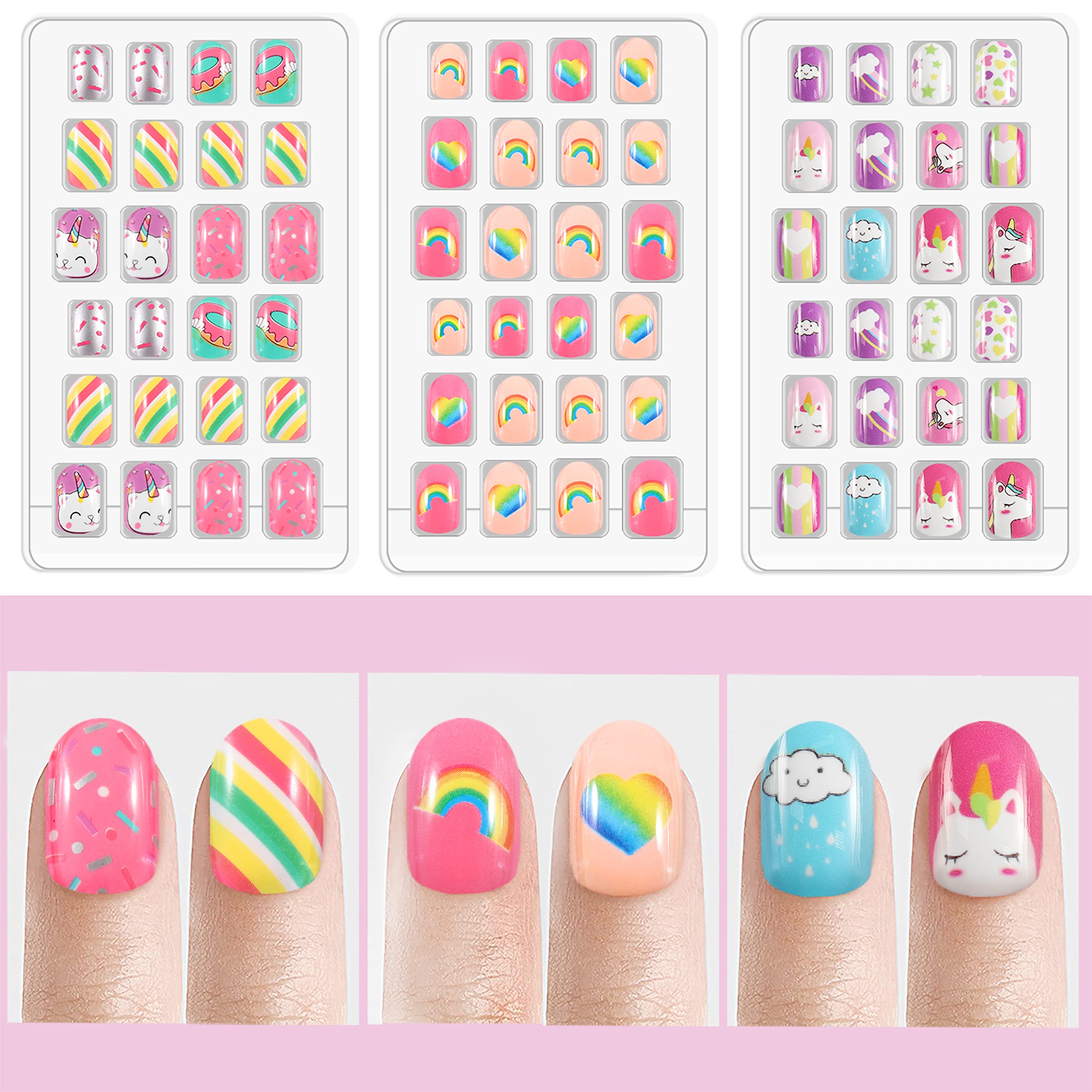 Laza Kit di 72 unghie finte per bambini, a pressione, copertura completa, rosa, giallo, blu, cuore, ciambella, nuvola, unicorno, corte, per bambini, adolescenti, ragazze, rosa arcobaleno