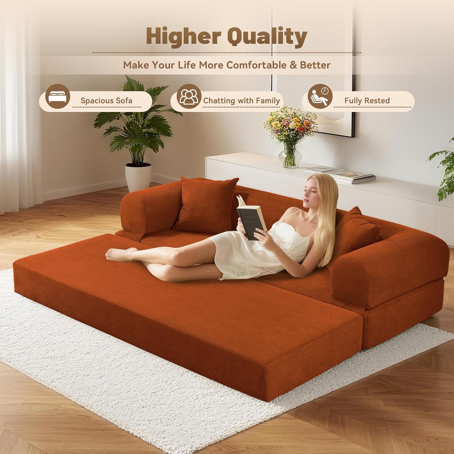 80 Inch Convertible Sofa Bed,Folding Pull Out Couch with Pillows & Storage Pocket,Corduroy Queen Sleeper Sofa in a Box,No Assembly Boneless Couch for Living Room,Orange