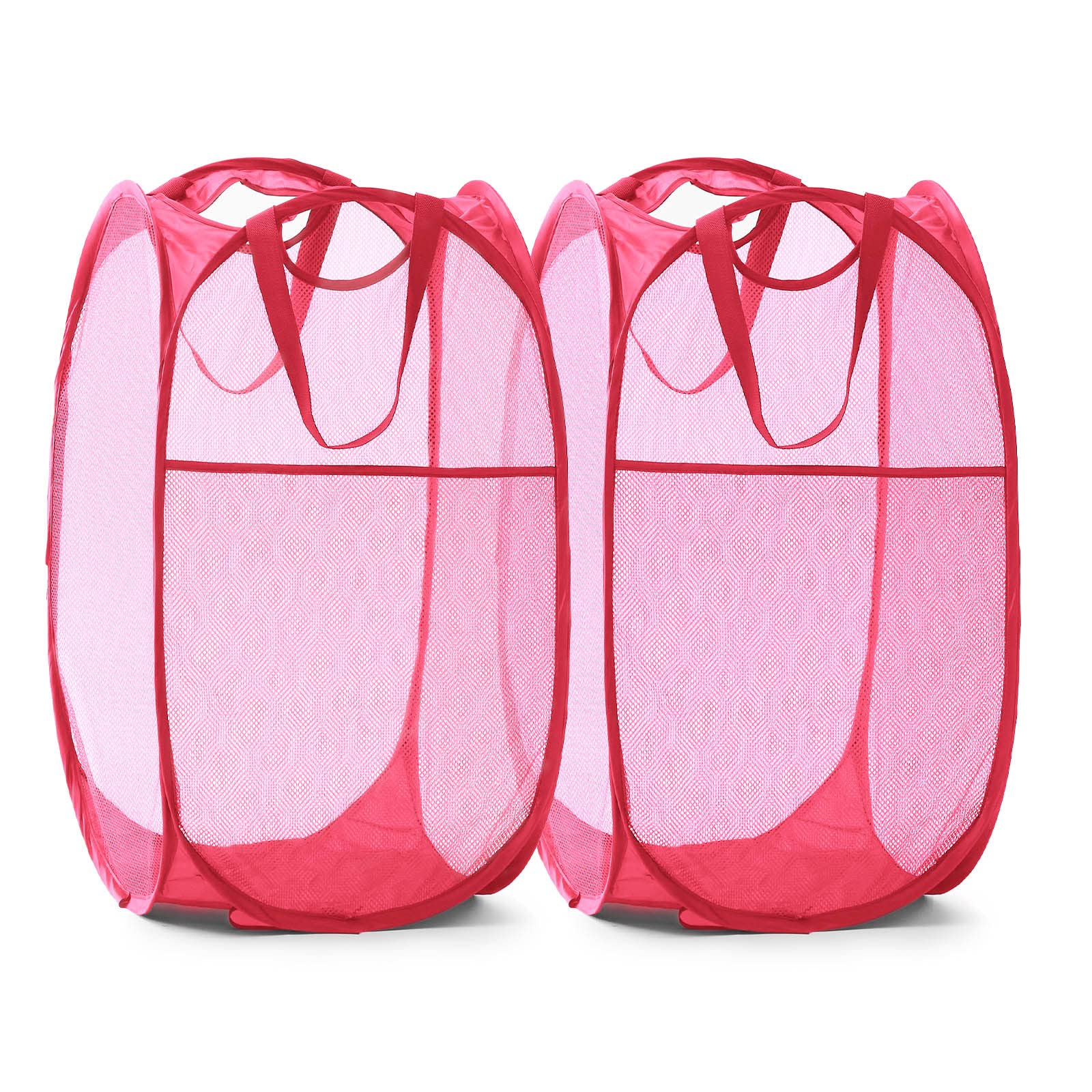 TECHMILLY Collapsible Mesh Pop Up Laundry Hamper with Sturdy Handles and Side Pocket - Portable Foldable Clothes Baskets for Dorm, Bathroom &amp; Travel Storage (Pink, 2 Packs)