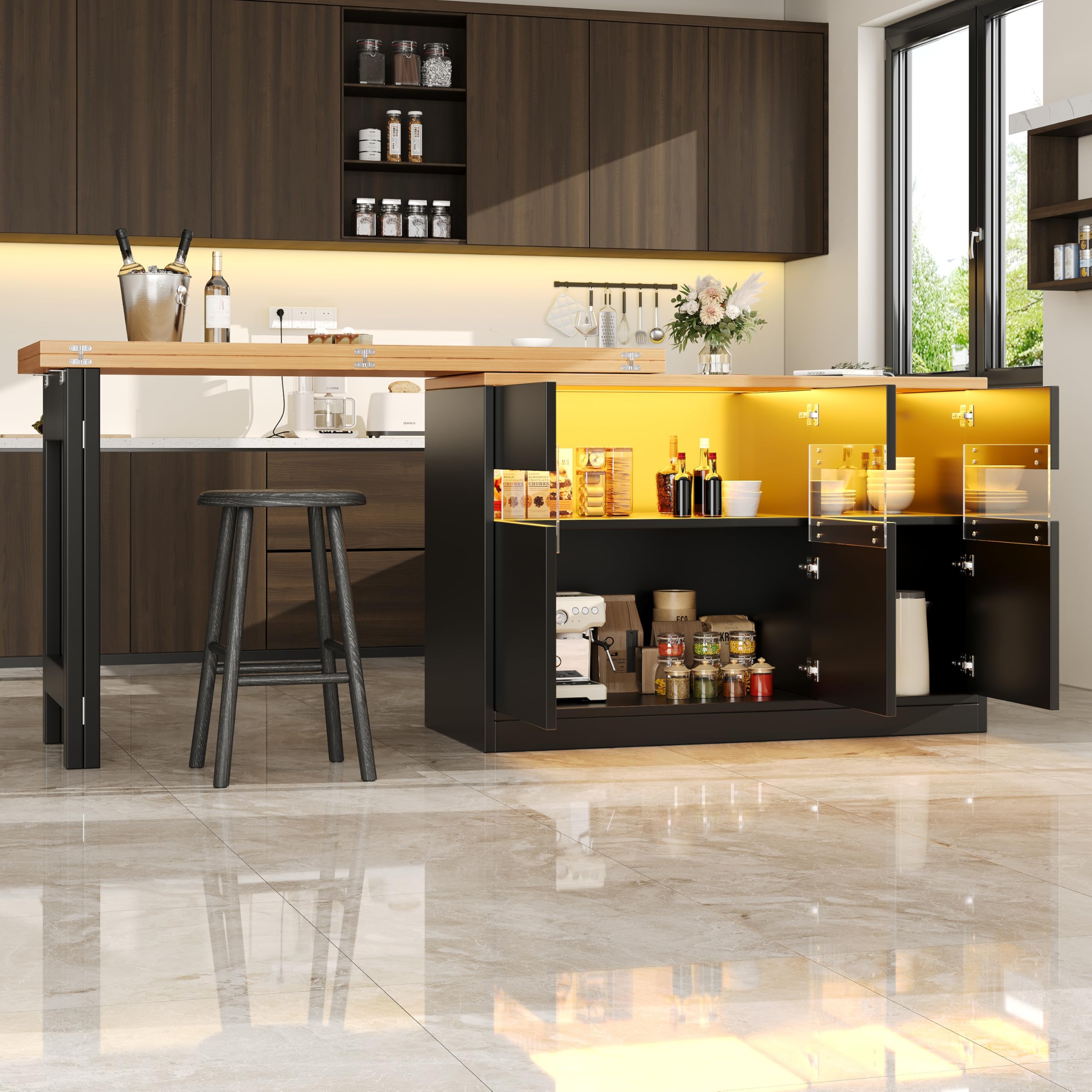 SACOOL Tavolo bar allungabile con illuminazione a LED e rotazione a 360°, lunghezza regolabile 120-180 cm, moderno tavolo isola cucina con spazio di archiviazione, per soggiorno, sala da pranzo, home
