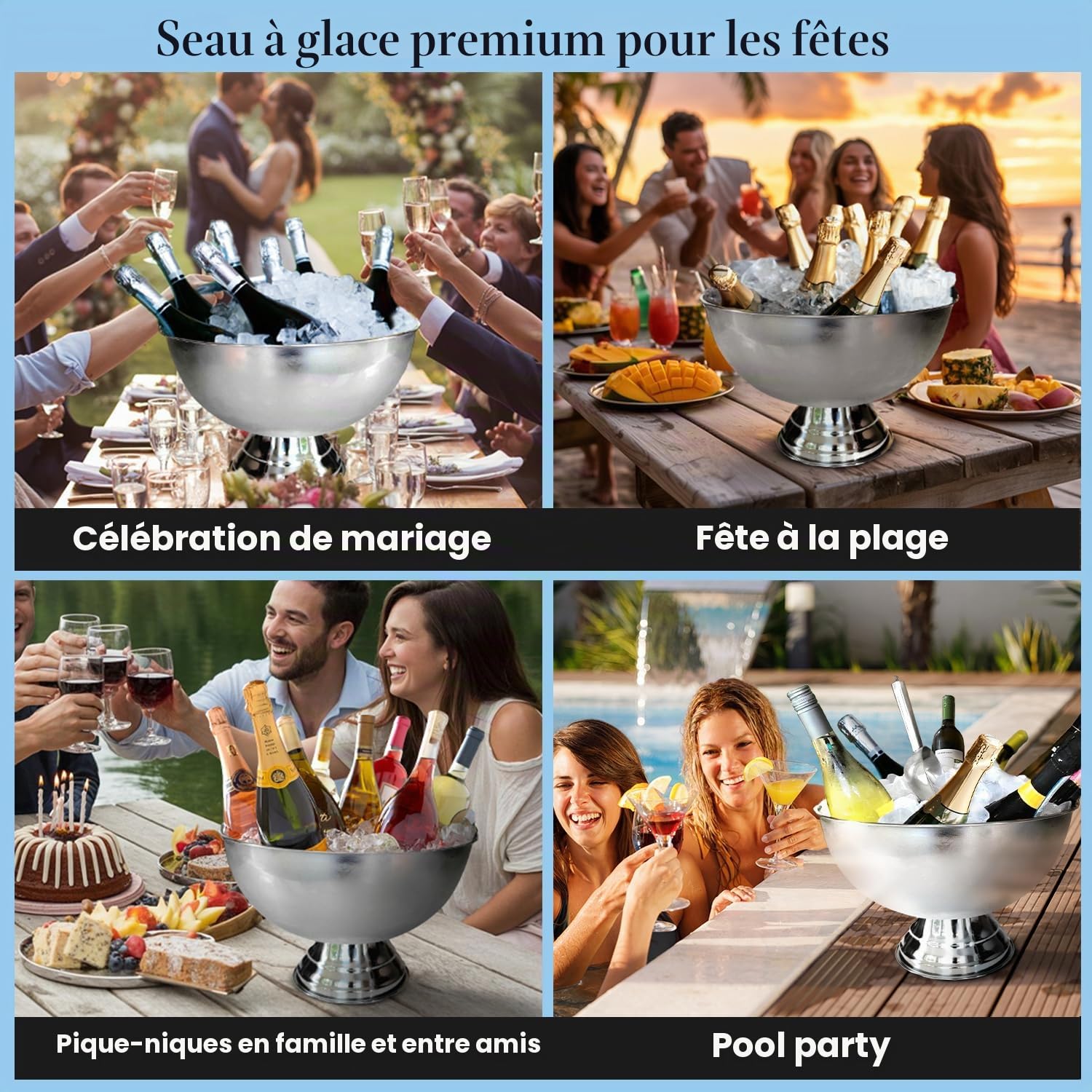 Grand seau à glace de qualité supérieure de 12 L pour fêtes – 40,6 x 40,6 x 25,4 cm – Seau à boisson en acier inoxydable argenté avec pelle – Seau à glace isotherme pour bar à cocktails, bières et