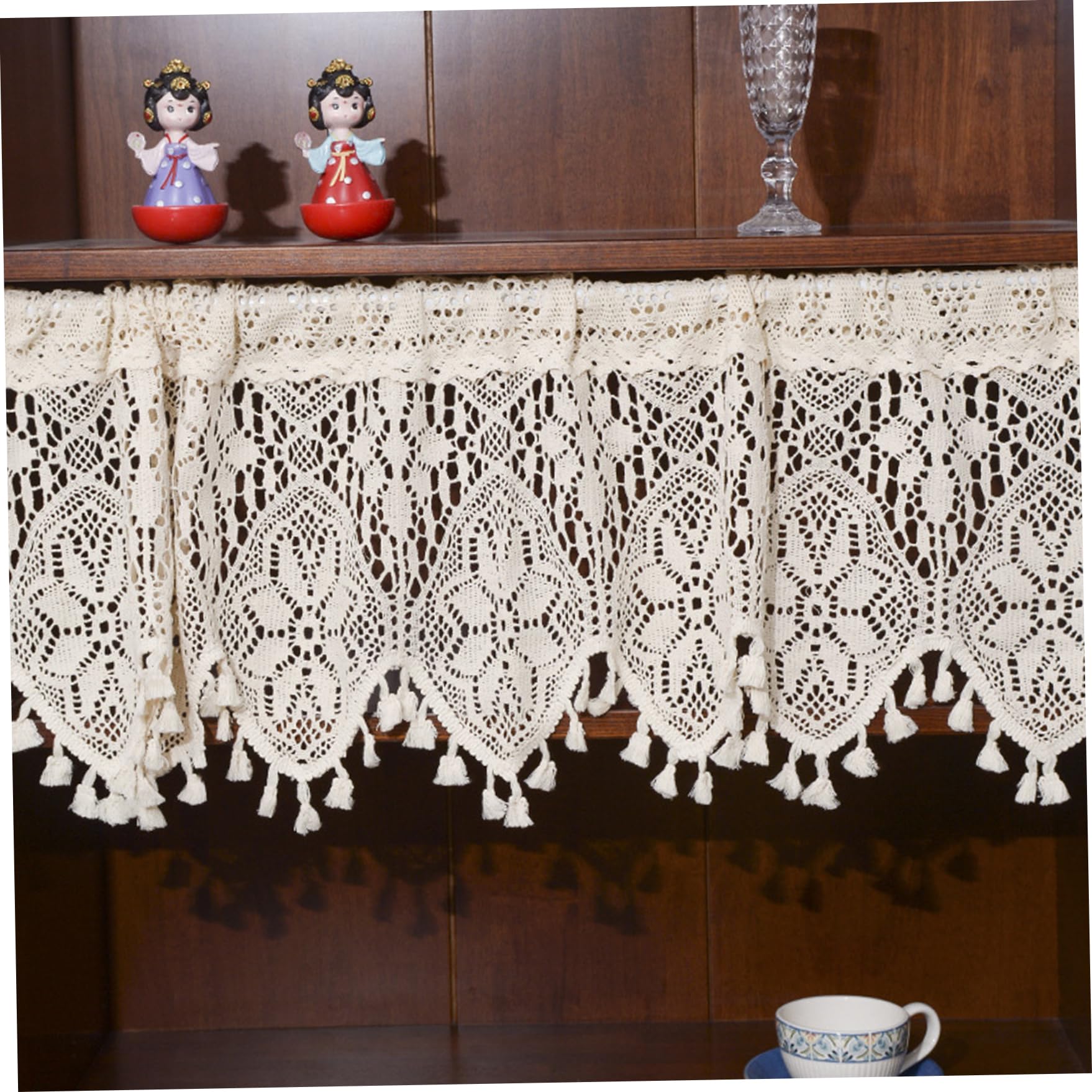 CAKEEYUM Lace Valance Beige White Crochet Rustic Boho Hollow for Window with Tassel Half Blackout Decorative Window Valances for Bedroom, Living Room, Valance Only, 47x15