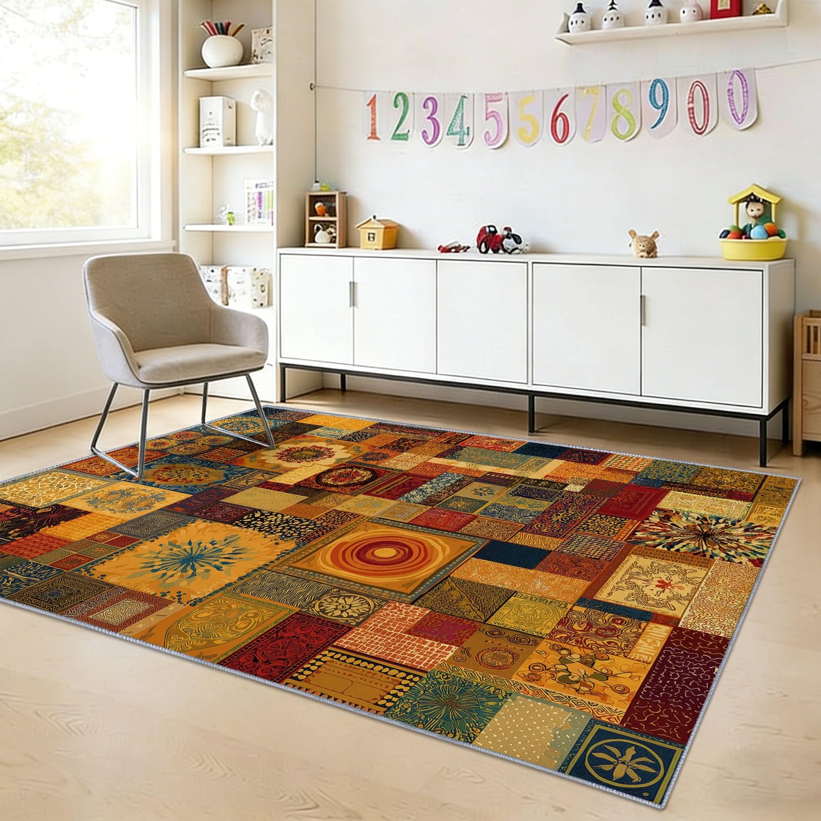 Tapis Antidérapant Salon Ethnique Patchwork Design, Tapis Bohème Vintage Doux Lavable en Machine, Tapis Poil Ras Agréablement Étre pour Cuisine Chambre Salle à Manger, Brun 160 x 230 cm