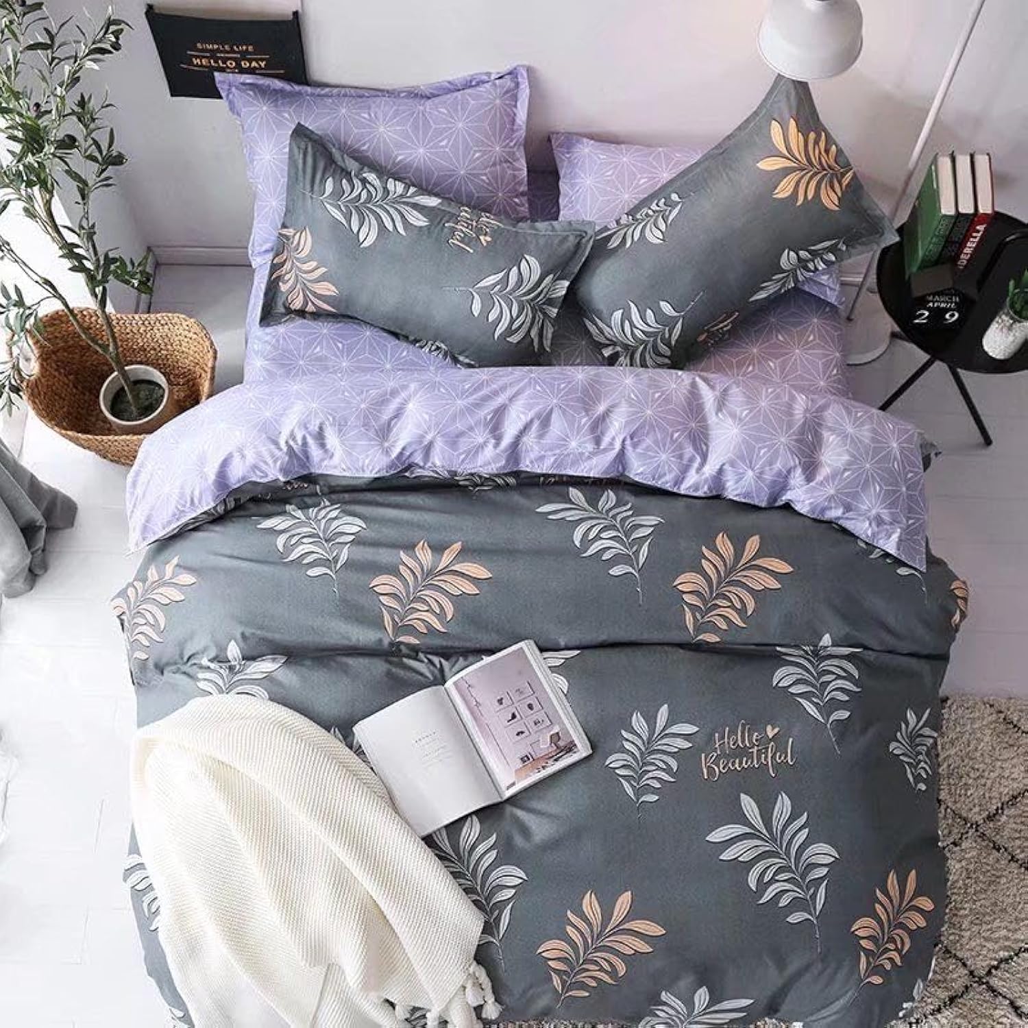 GOLDEN HOME 6-Pece King Size Cotton Duvet Cover Set, Microfibre Super Soft Cotton, Includes 1xDuvet Cover 220x240cm,1×Fitted Sheet 200x200+30 cm,4xPillow cases 50x75 cm (King Size, 022)