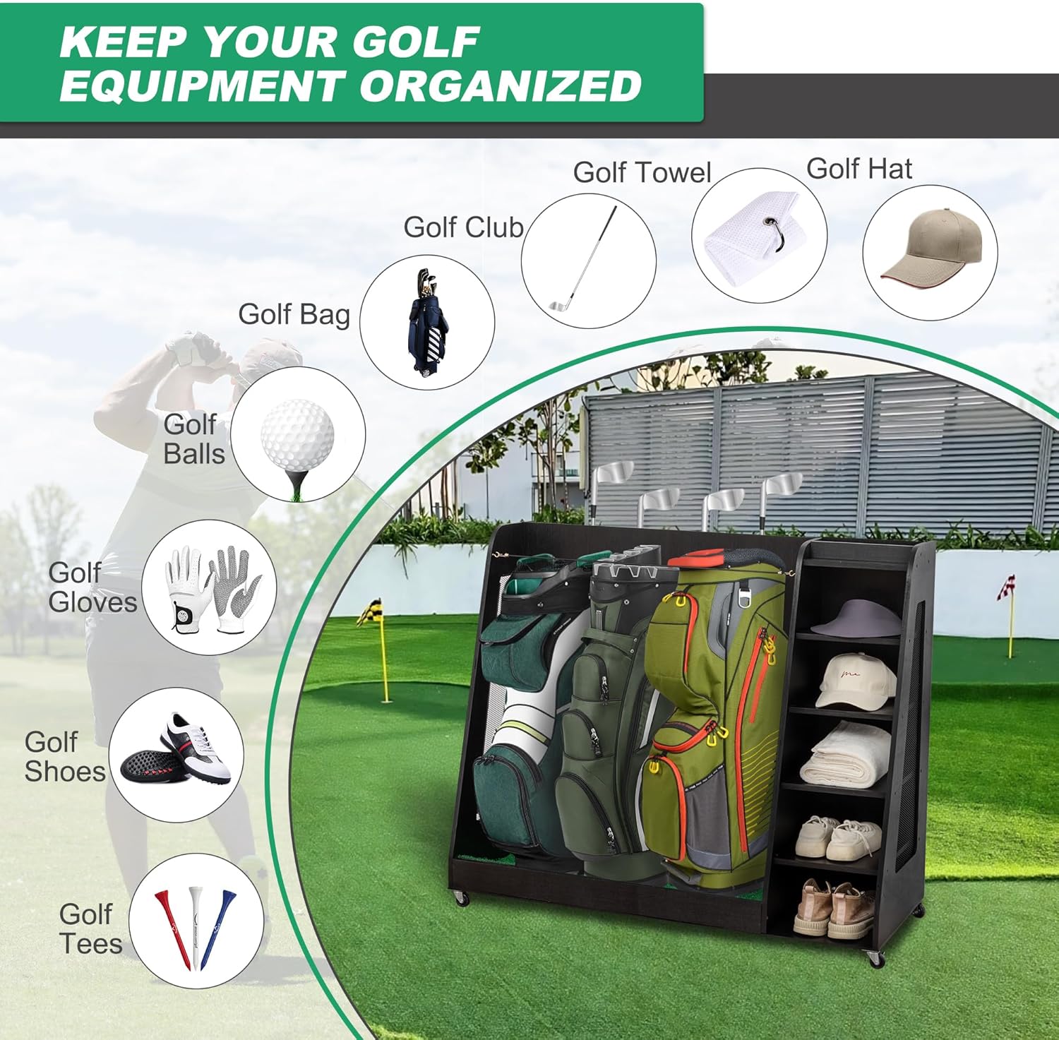 Wooden Golf Club Storage for Garage with Wheels 47.24× 17.7×39.96in Organizer for Golf Bag and Equipment Accessories,Easy Assemble Golf Club Stand/Holder,for Home, Garage, Club, Shed, Basement