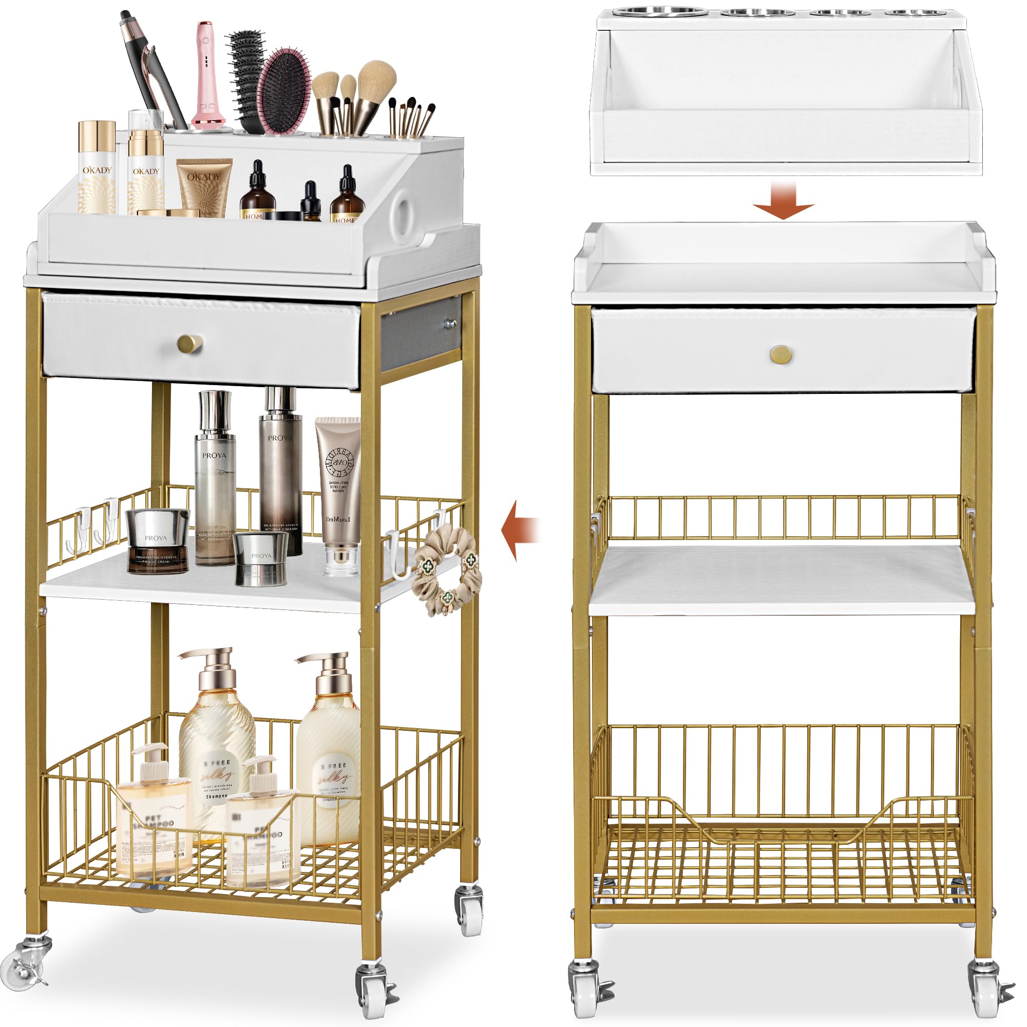 Makeup Organizer Cart with Drawer 2-in-1 Rolling Organizer Cart with Hair Tool Holder Vanity Storage for Skincare Perfume