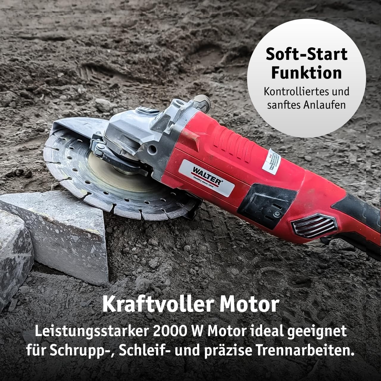 WALTER Winkelschleifer 2000 Watt, Scheiben-Ø: 230 mm, Polieren, Flexen, Flächen und Kanten schleifen, Rost entfernen, Messer schärfen, Bearbeiten harte Werkstoffe wie Stein & Metall, Beton, Fliesen