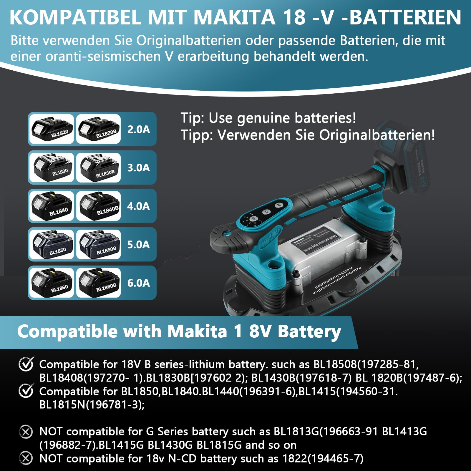 2IN1 Akku Fliesenrüttler & Saugnäpfen kompatibel mit Makita 18 V Akku, Handheld-Automatischer Kippender Vibrator mit 6 Gang Einstellbaren, Hochleistungs Fliesenleger Maschine, 30*16cm, 250kg Tragkraft