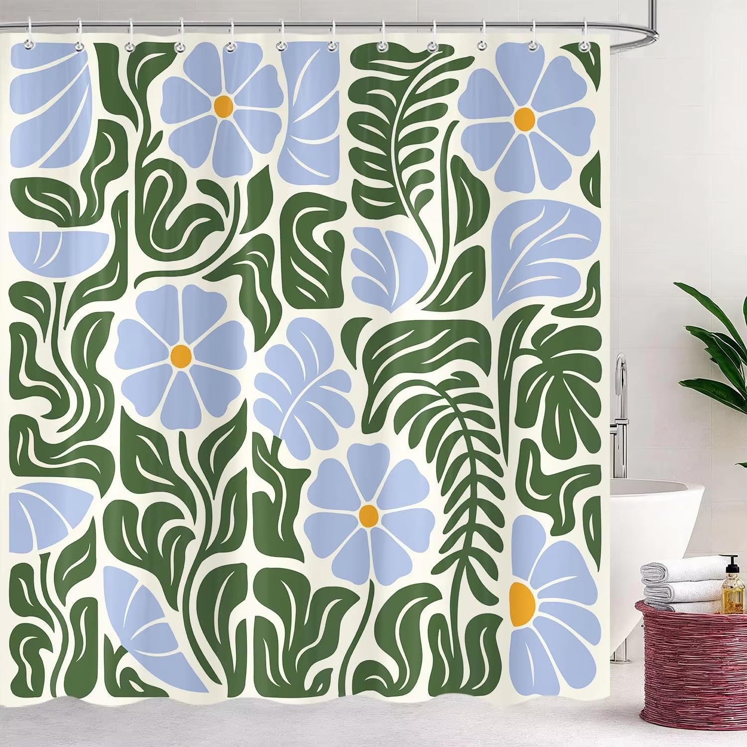 Abstrakter Vintage-Duschvorhang mit Blumenmuster, blau, Boho-Retro-Badezimmerdeko in Blau und Grün, niedlich, Mid-Century Modern, flippig 300x200cm/118x79in(Breite x Höhe)