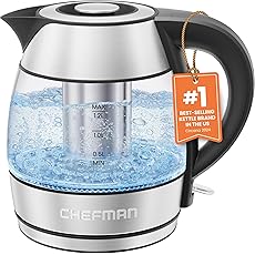 Chefman 1.2L Electric Tea Kettle with LED Lights, Automatic Shut Off, Removable Lid, Boil-Dry Protection, Hot Water Electric Kettle Water Boiler, Electric Kettles for Boiling Water