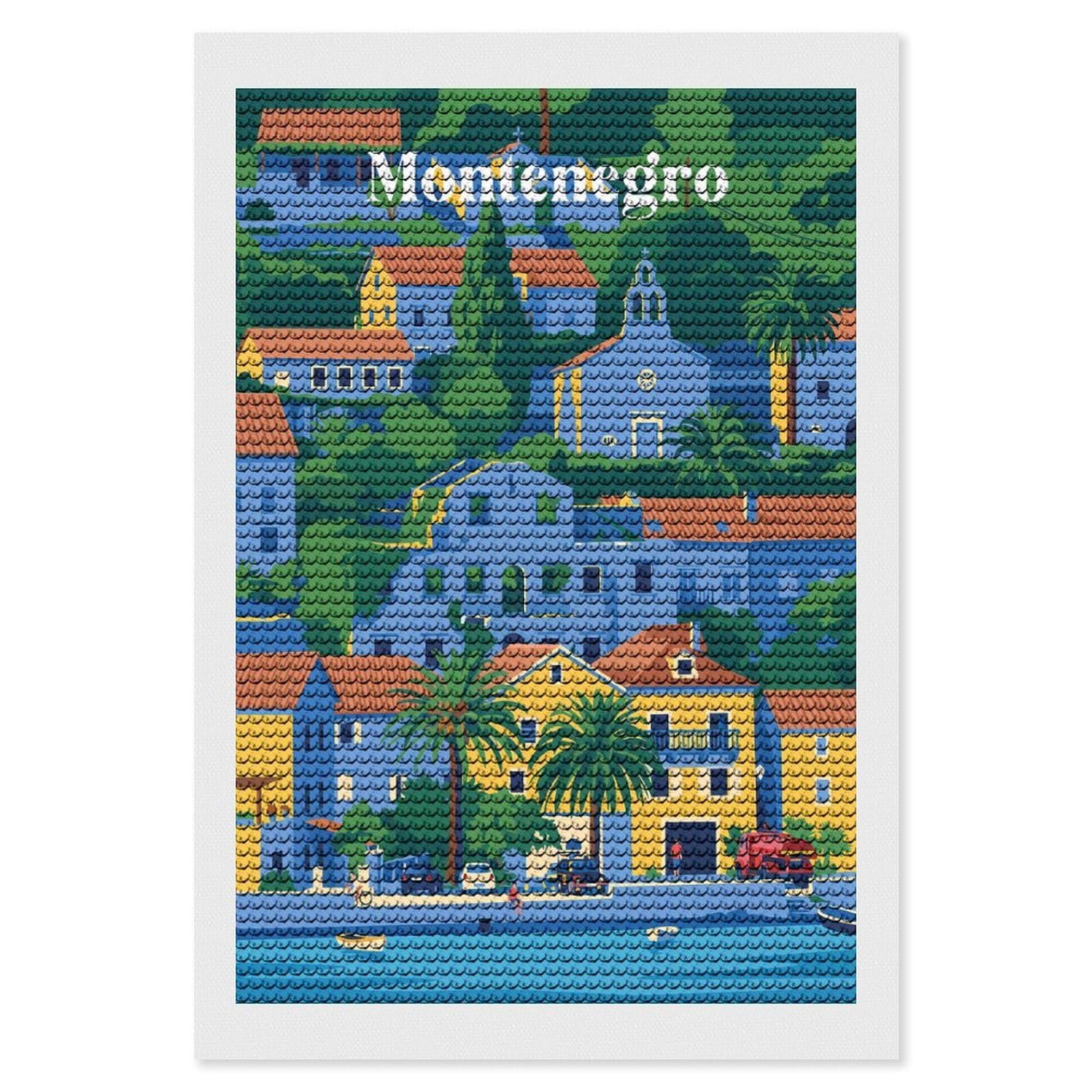 Junmoney Montenegro Coastal Town Diamond Art Kit 8"x12", Vintage Style Decor, Stress Relief Craft, Decor Project, Relaxing DIY, Creative Hobby