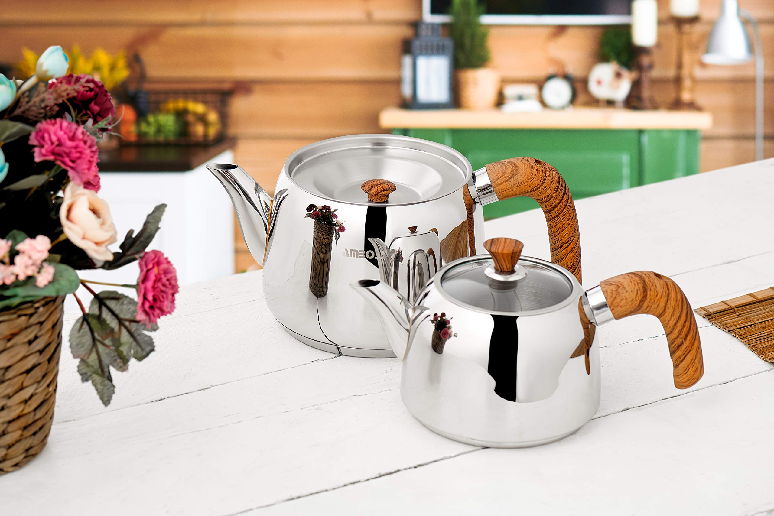 Amboss Turkish Teapot Set with Steam Lid 4 PCS Stainless Steel Wood