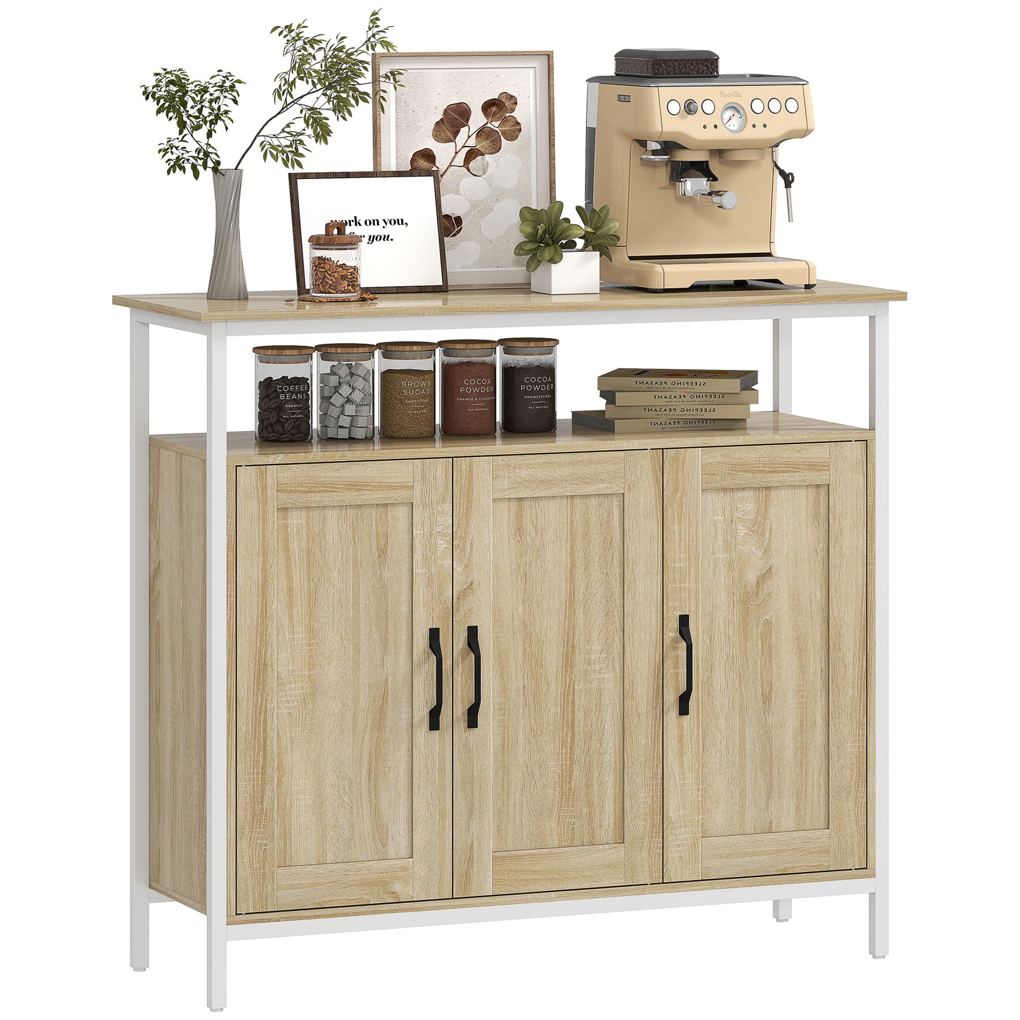 HOMCOM Buffet 3 Portes, Compartiment Ouvert, 100 x 35 x 88 cm, Bois Naturel | Meuble de Rangement, 4 Étagères Réglables, Cadre en Métal, Style Industriel, Salle à Manger, Cuisine, Salon