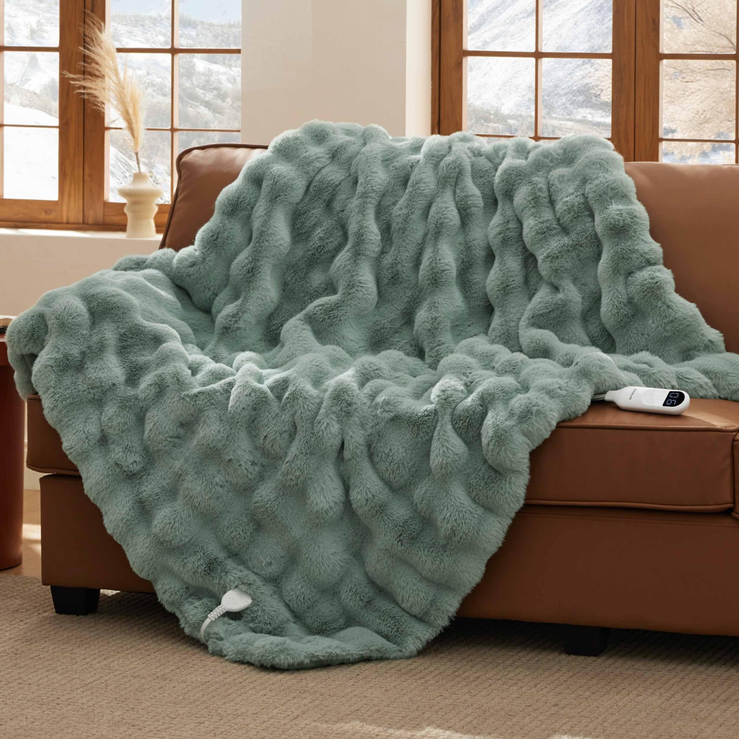 Bedsure Fluffy Bubble Faux Fur Heated Blanket Throw - Super Soft Electric Blanket, Heating with 6 Heating Levels, 4 Time Settings, 3-Hour Auto-Off, Decor Gifts for Home, Green, 50x60 inches
