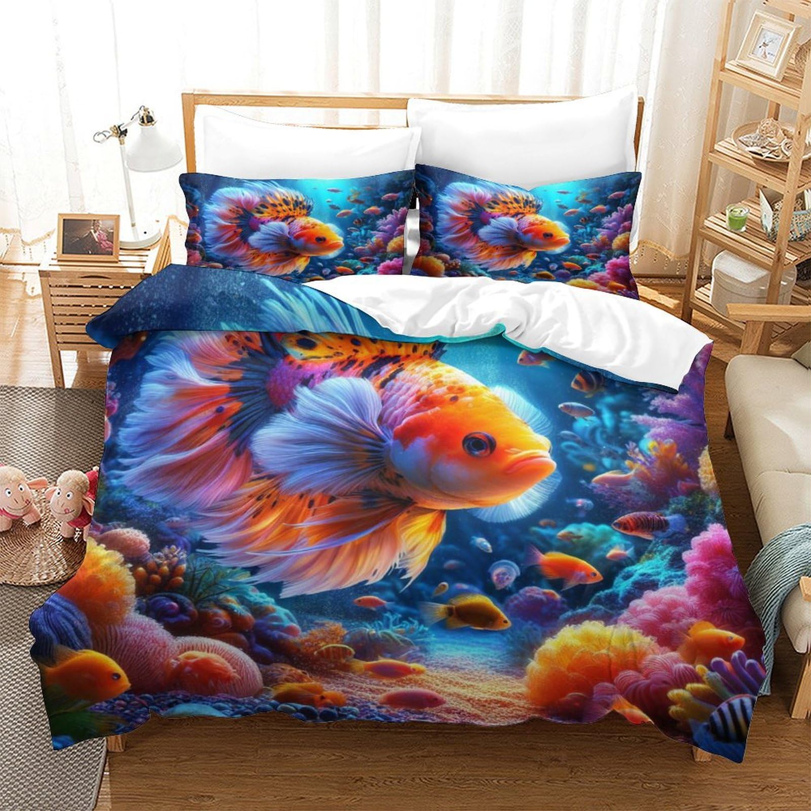 Parure de lit 3D microfibre avec housse de couette animaux marins super king 260x220