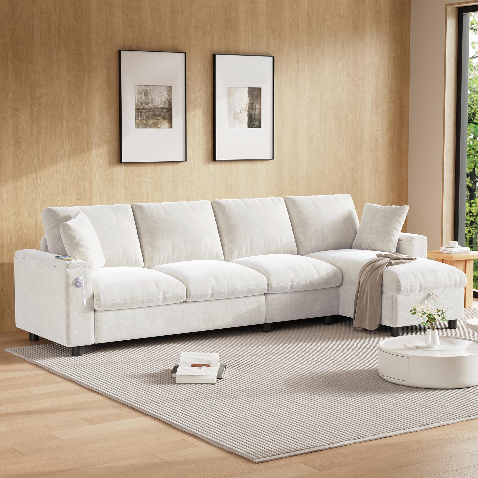 Sofa szenilowa w kształcie litery L z miejscem do przechowywania, rozkładany stolik kawowy z uchwytami na napoje, USB i typ C, montaż z lewej lub prawej strony, beżowy, sofa narożna