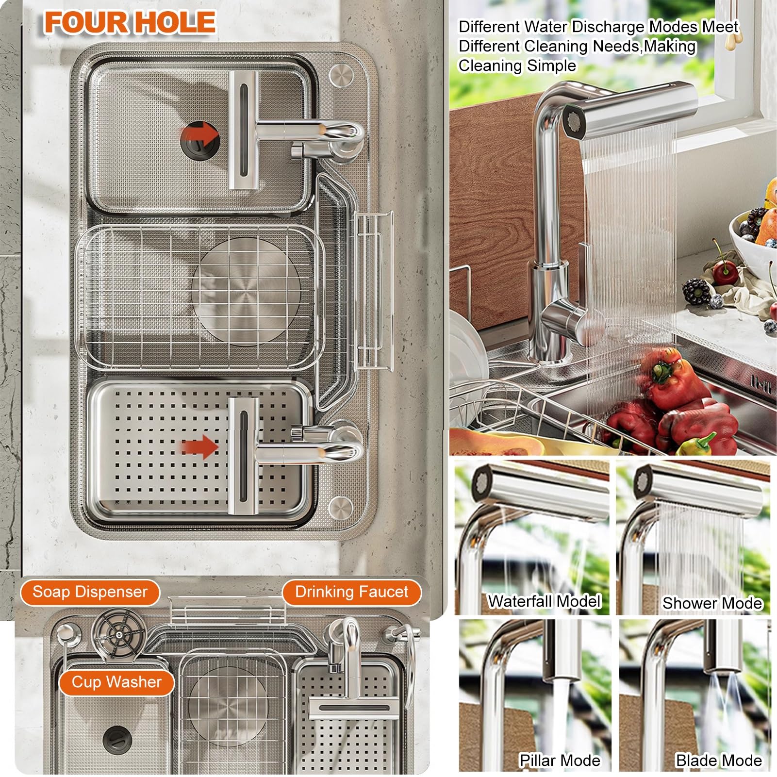 Moderno lavello da cucina a vasca singola con rubinetto a cascata estraibile, design giapponese, rondella tazza, foro di scarico, 78 x 48 x 22 cm, tial per cucine Slish