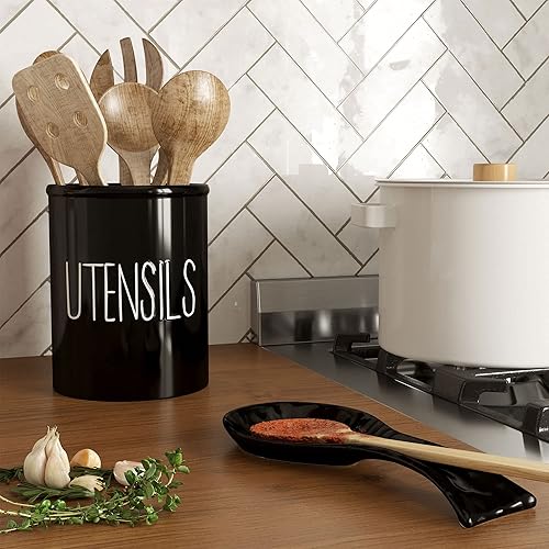 Miniatura 6 de Barnyard Designs Soporte de cerámica para utensilios de cocina de granja para encimera, utensilio decorativo de cocina para encimera, soporte para