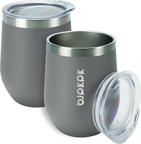BJPKPK 2 vasos de vino aislados de 12 onzas, tazas de café al vacío de doble pared de 12 onzas con tapa, vasos de vino de acero inoxidable