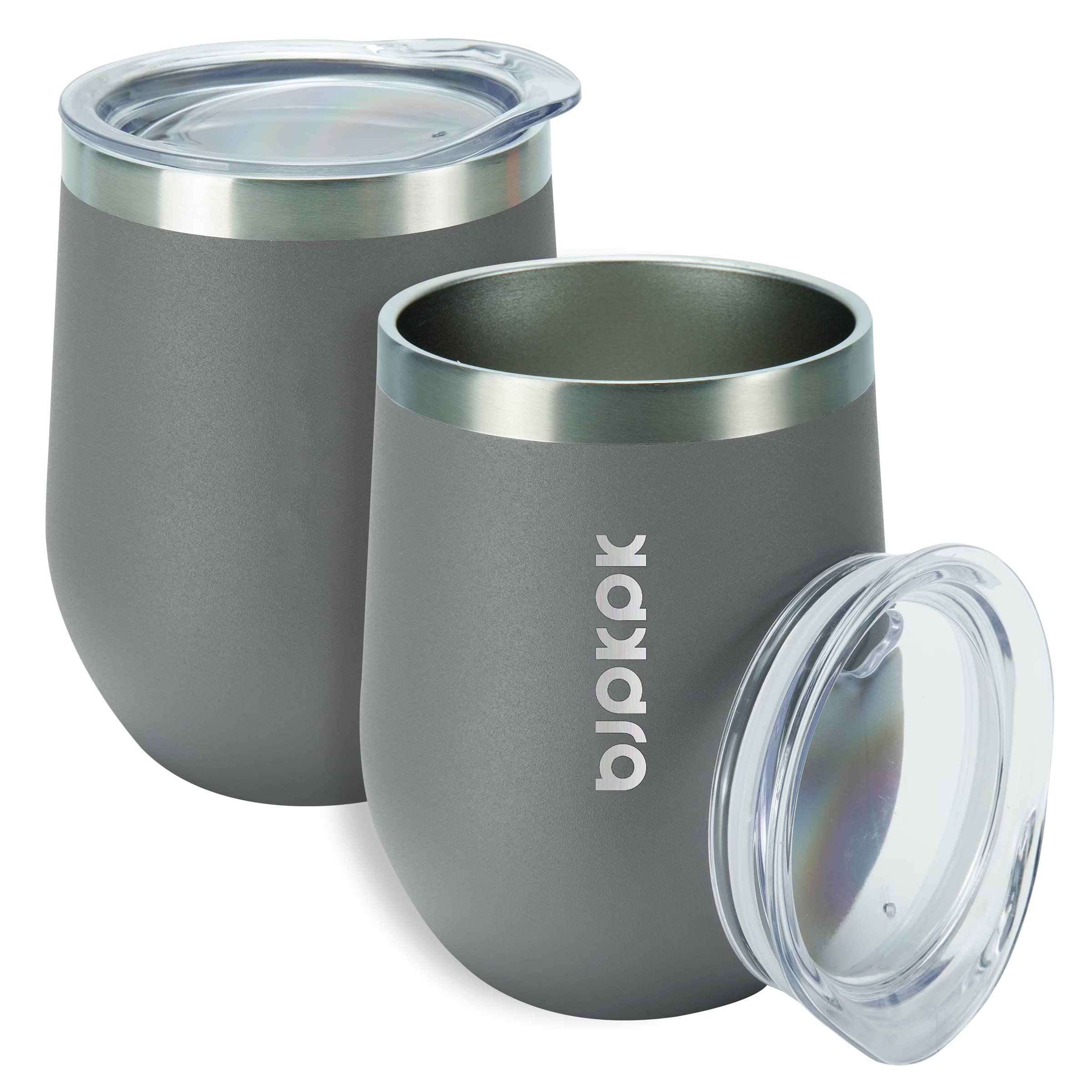 BJPKPK Isolierte Weingläser, doppelwandige Vakuum-Kaffeetassen mit Deckel, unzerbrechliche Edelstahl-Weingläser, isolierte Kaffeetassen für Zuhause und Outdoor, Grau, 2 Stück, 340 ml