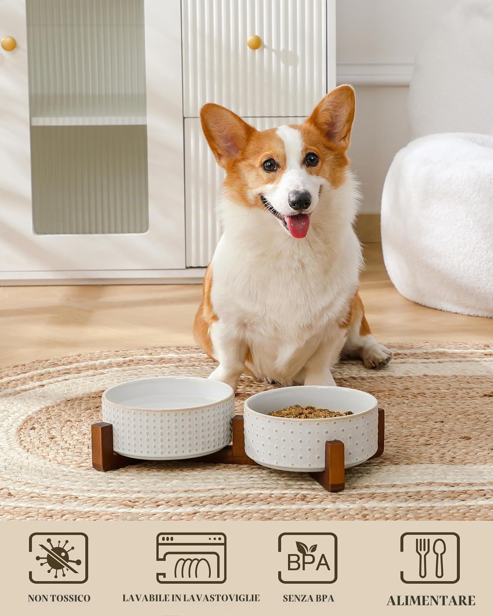 MALACASA Set di ciotole per cani, ciotole in ceramica con supporto in legno di noce, 3,5 tazze | Design a rombi e pois, base antiscivolo, per cani e gatti, circa il 26% più pesante rispetto alle ciotole in ceramica simili