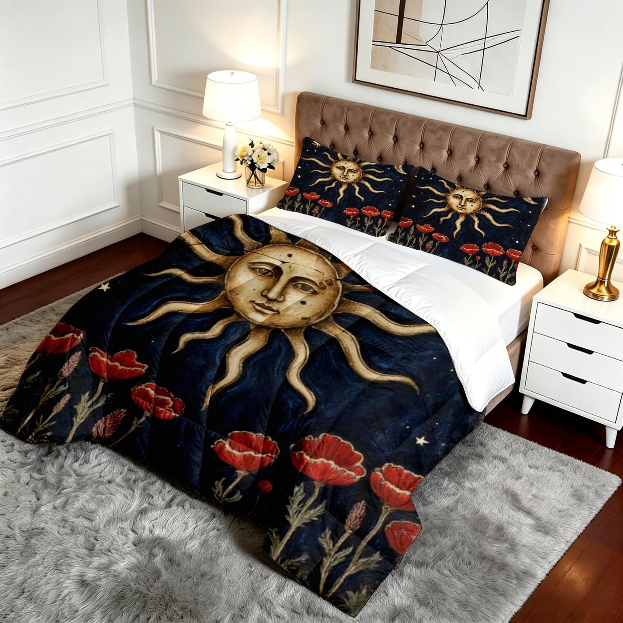 Ensemble Lit Complet 160x200 cm Soleil Fleurs Lune, Housse en Microfibre Imprimée et Duvet Coton 4 Saisons, Comprend 2 Taies, Excellence et Qualité Supérieure, Chaud et Respirant-F204