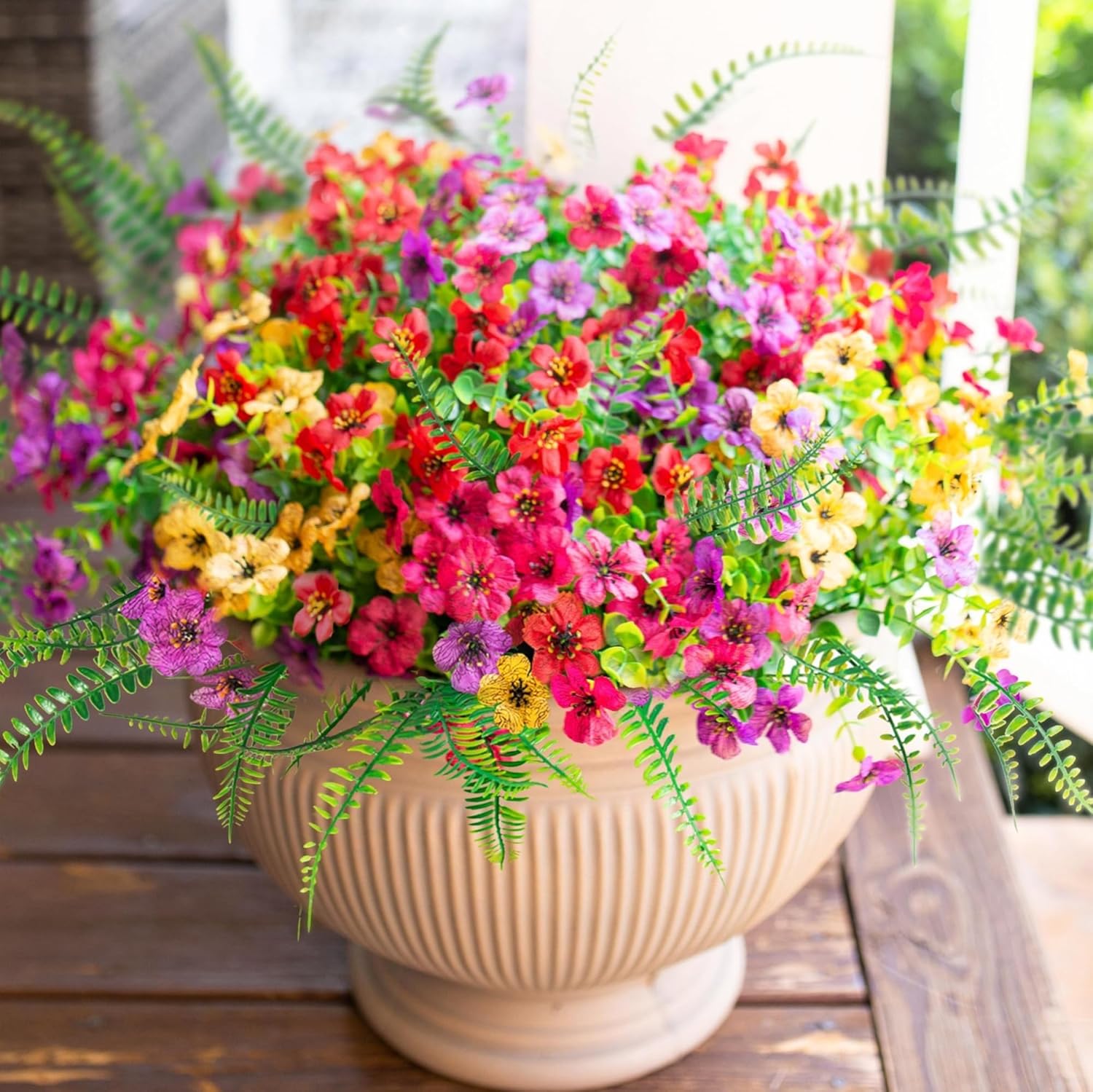 HyeFlora Artificial Faux Outdoor Flowers Plants for Summer Outside Decoration, 14 Bundles Fake Silk Colorful Daisy Ferns UV Resistant Realistic for Front Door Porch Planter Patio Yard - Image 5