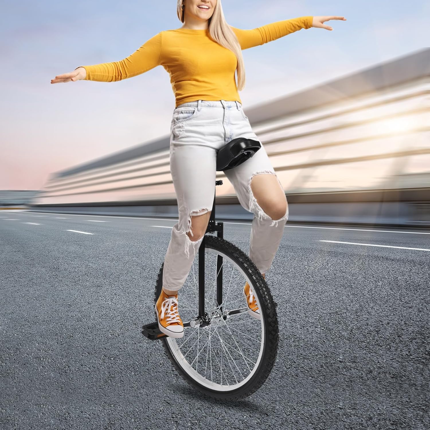 24-inch Unicycles, Outdoor Wheel Unicycle with Height Adjustable Unicycle Design, One Wheel Bike for Daily Fitness, Balance Training, Adjustable from 36 to 40in, Load-bearing 70kg/154lbs