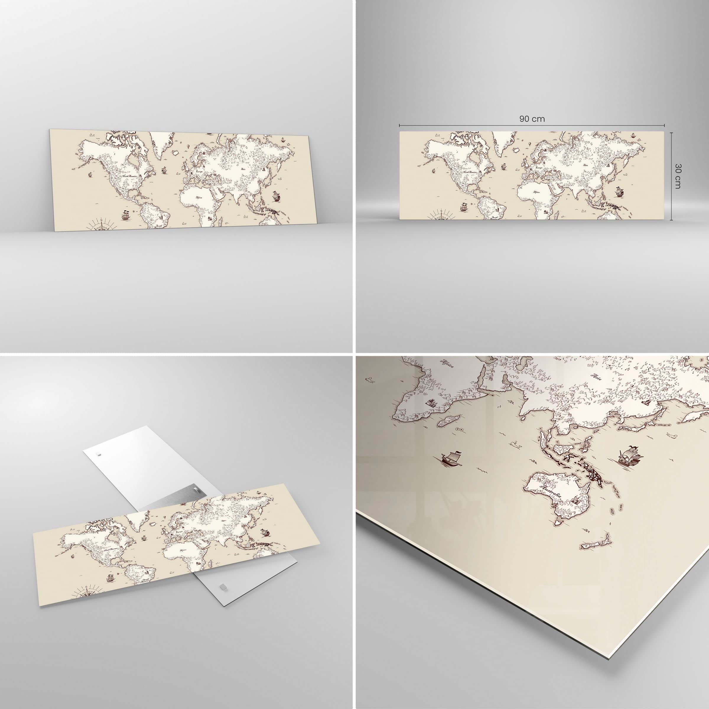 ARTTOR Panorama Obraz na szkle Mapa Świat klasyka kontynenty Nowoczesny 90x30cm Dekoracja ścienna Salon Sypialnia Kuchnia Mały Obrazy Art Foto Obraz szklany Wall Decor Glass GAB90x30-2910