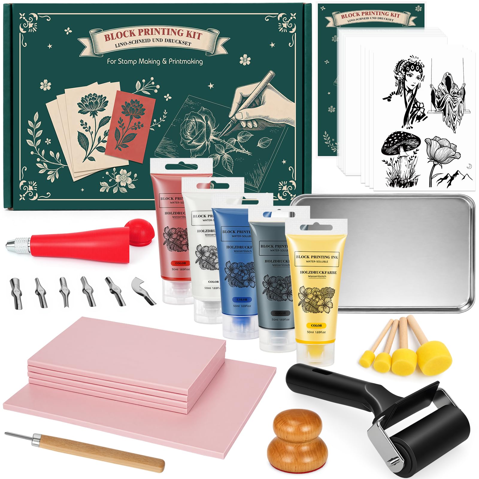 50er/set Lino-Schneid und Druckset, Blockdruck Set mit Tinte für Einsteiger