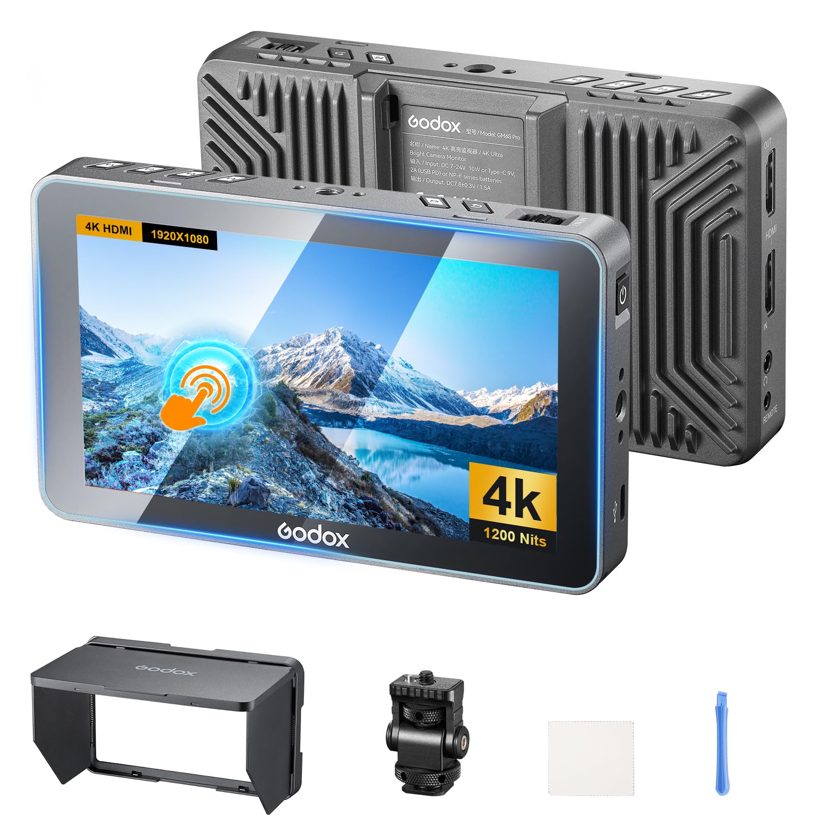 Godox GM6S Pro Kit1 5,5 Pollici 2000 Nits Display Girevole con Telecomando Monitor per Fotocamere 4K HDMI DSLR Monitor da Campo 1920*1080 IPS Controllo Touch con Parasole Anti-Sole e Supporto Freddo