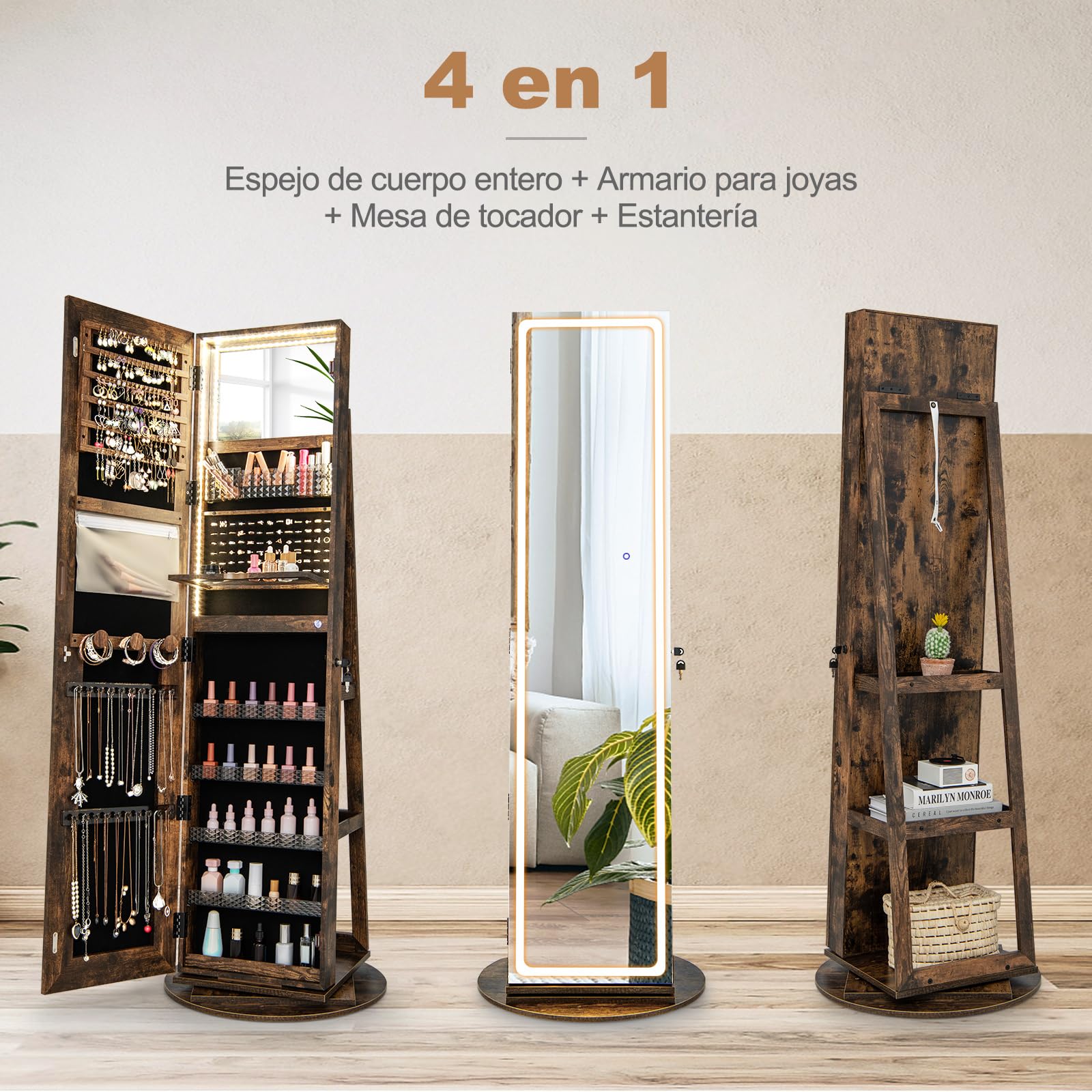 COSTWAY Armario Joyas Gabinete Joyería Pie Luces LED 4 en 1 Espejo Joyero Multiuso Cerradura Base Giratoria 360°