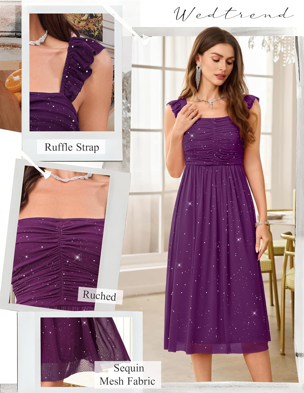 Wedtrend Sparkly Sequin Dress Ruffle Strap 80s Prom Dress Long Formal Dresses for Women