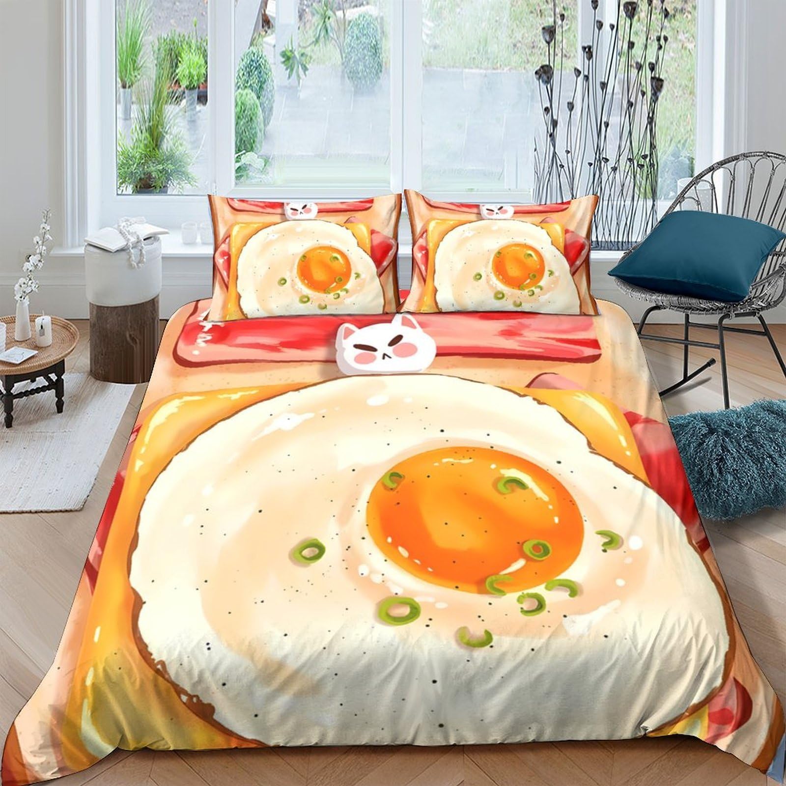 GPLZQXKJNH 3D Printed Fried Egg Duvet Cover Microfiber Soft Breathable Toast Bedding Set with 2 Pillowcases for Bedroom Decor Single（135x200cm）