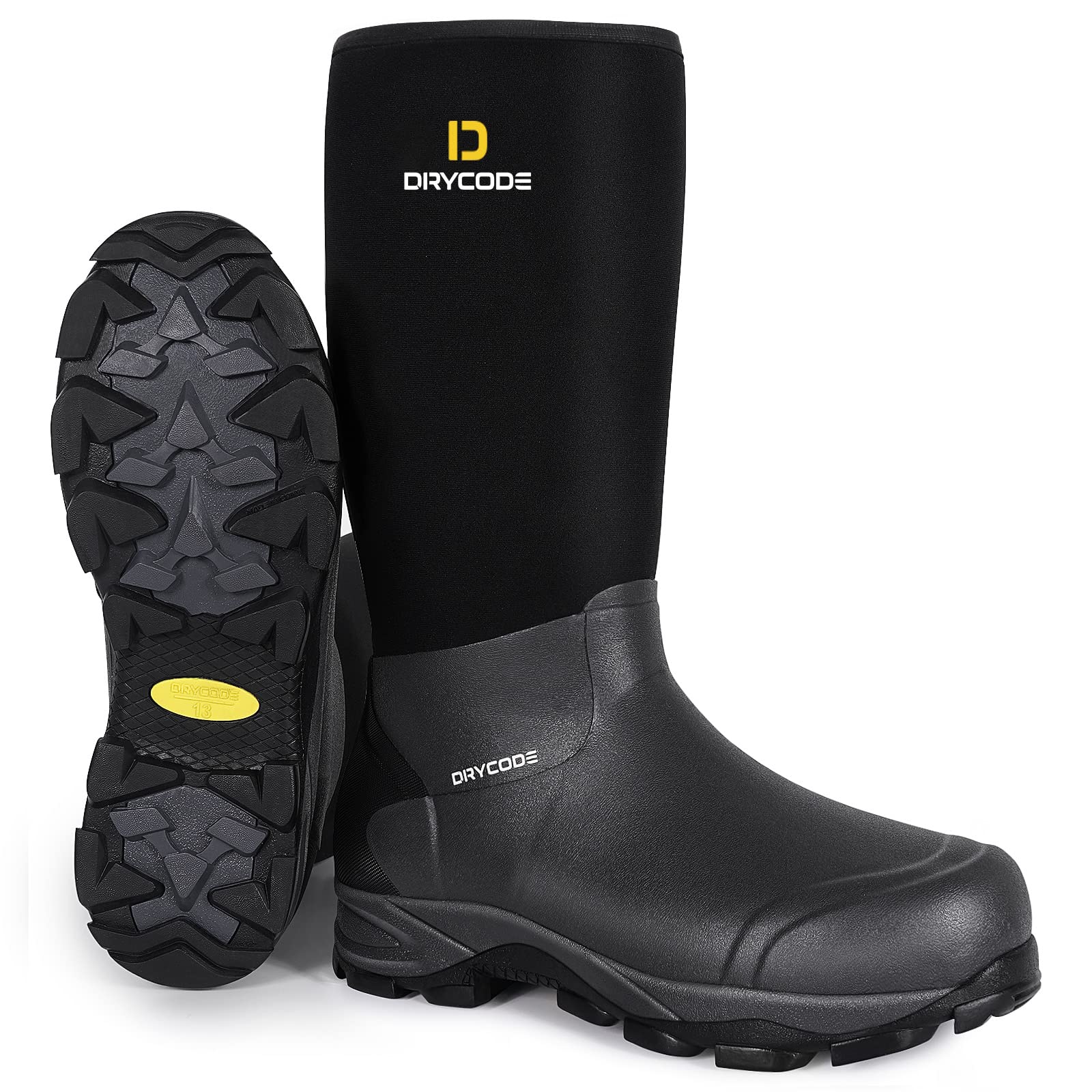 Photo 1 of DRYCODE Rubber Boots for Men, 5.5mm Neoprene Insulated Waterproof Anti Slip Rain Boots, Durable Outdoor Muck Hunting Boots Size 6-14 12 Women/12 Men Black