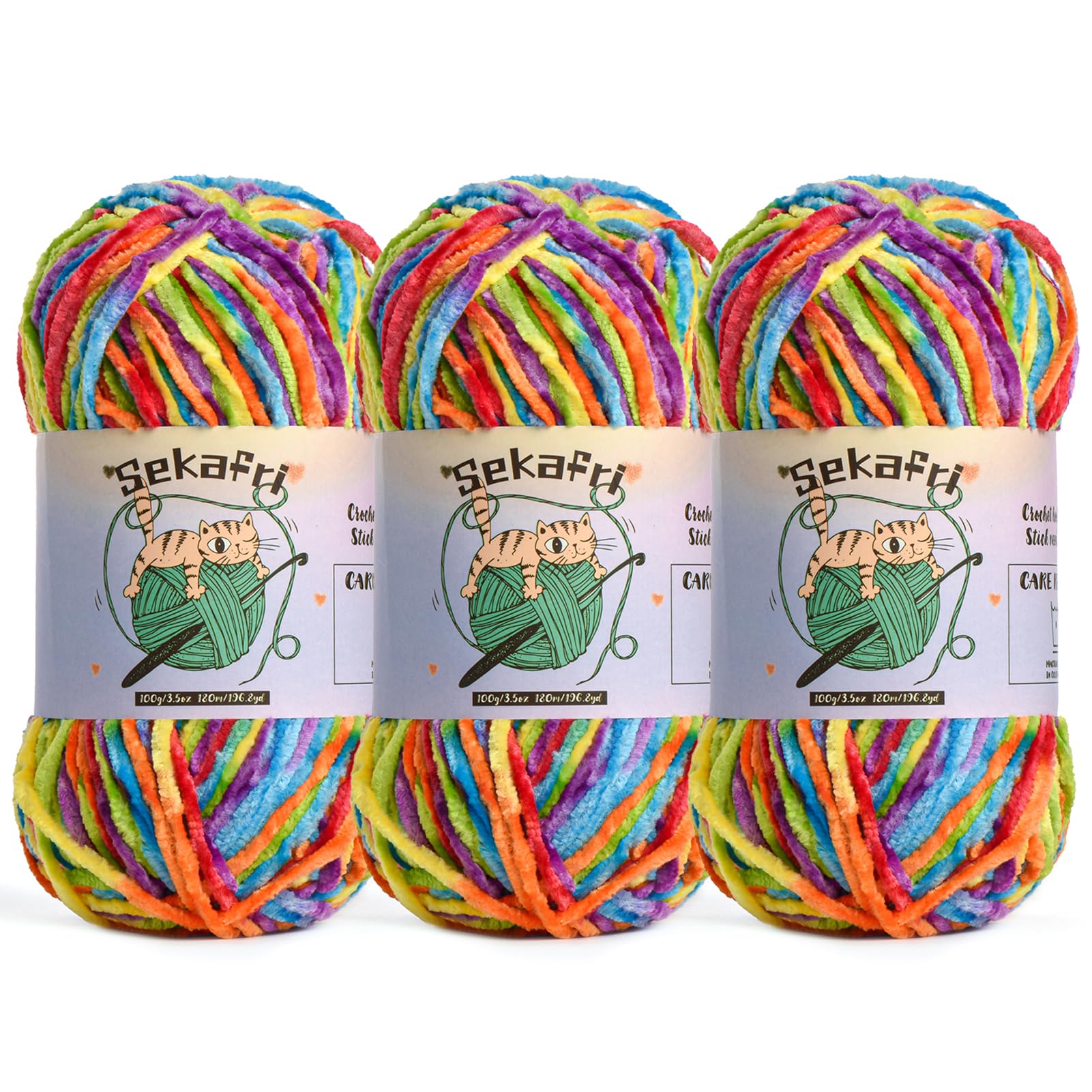 Fuzzy Chenille Yarn for Crocheting Amigurumi Yarn 3 Rainbow
