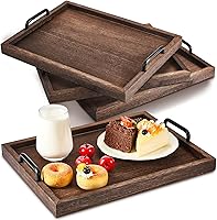 Lallisa 4-Pack Large Rustic Wooden Serving Trays with Handles - 15.8x11.8in Ottoman Coffee Table Trays for Kitchen Parties Gifts Brown
