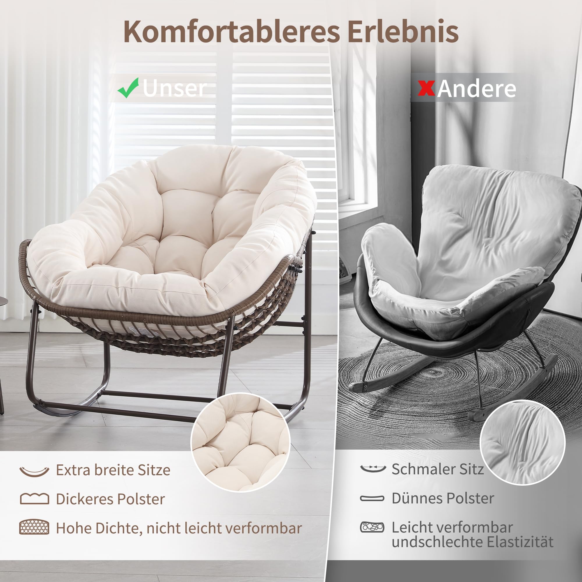 Outdoor Patio Schaukelstuhl-Set aus 2, Überdimensionierter Papasan-schaukelsessel für Innen mit Gepolstertem Kissen - Ei-Schaukelstuhl für Wohnzimmer, Veranda, Garten, Terrasse, Hinterhof