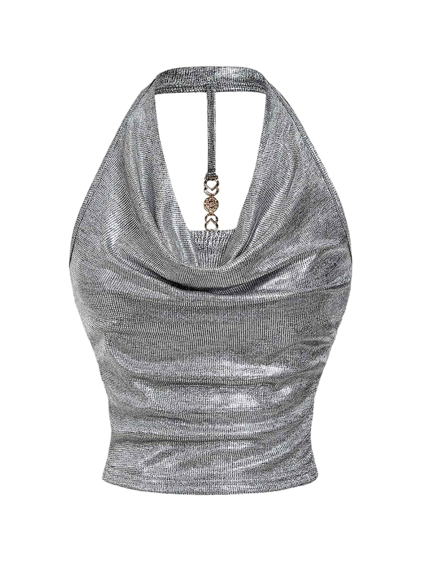 Milumia Women Metallic Halter Y2k Crop Tops Cowl Neck Party Club Rave Shirt Sparkly Disco Ruched Tank, Backless, Sleeveless, Going Out Outfits, Glitter, Concert, Y2k, Sexy