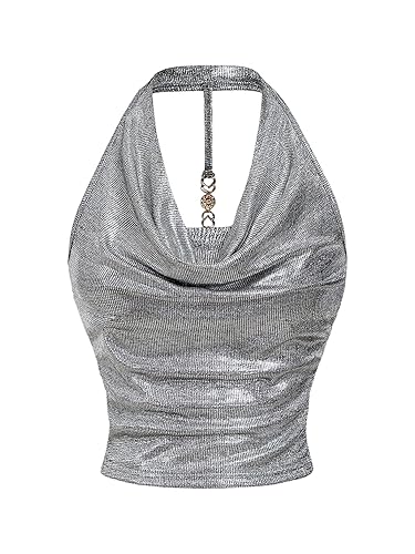 Milumia Women Metallic Halter Y2k Crop Tops Ruched Backless Cowl