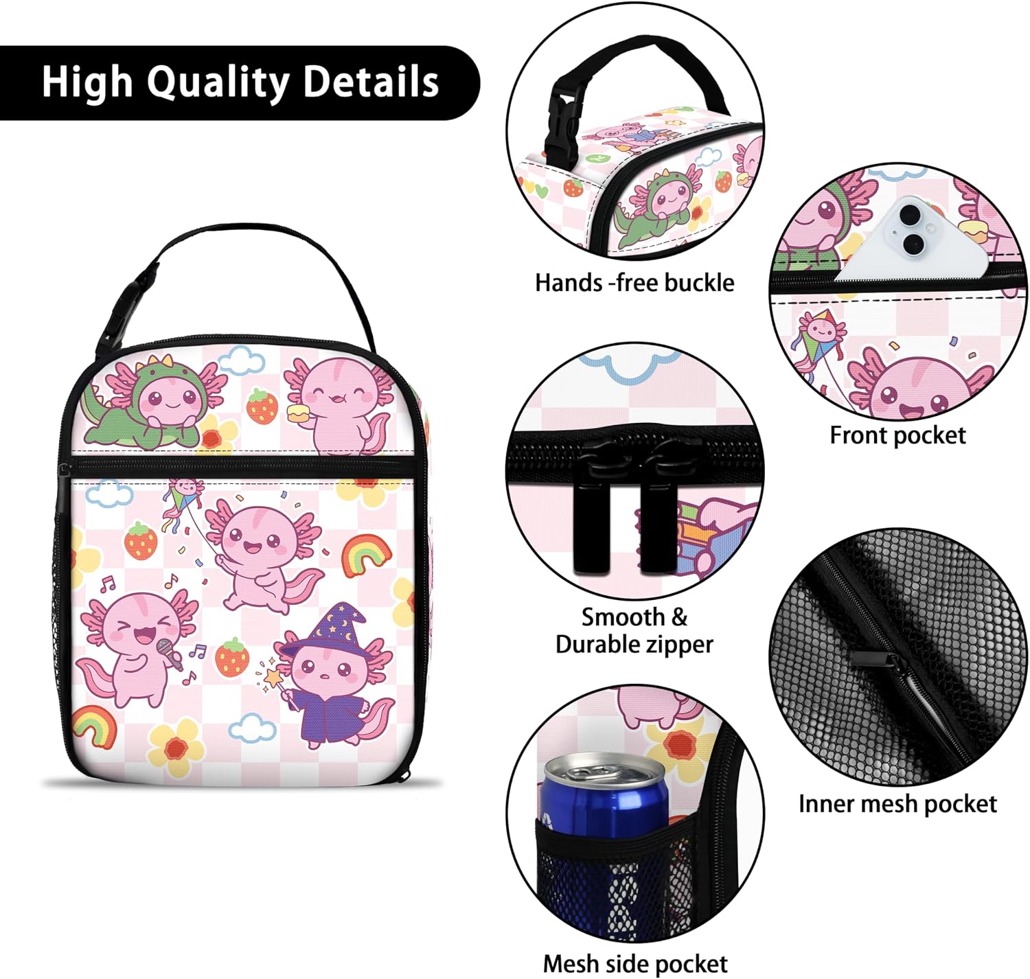 Axolotl Lunch Bag Girls School Reusable