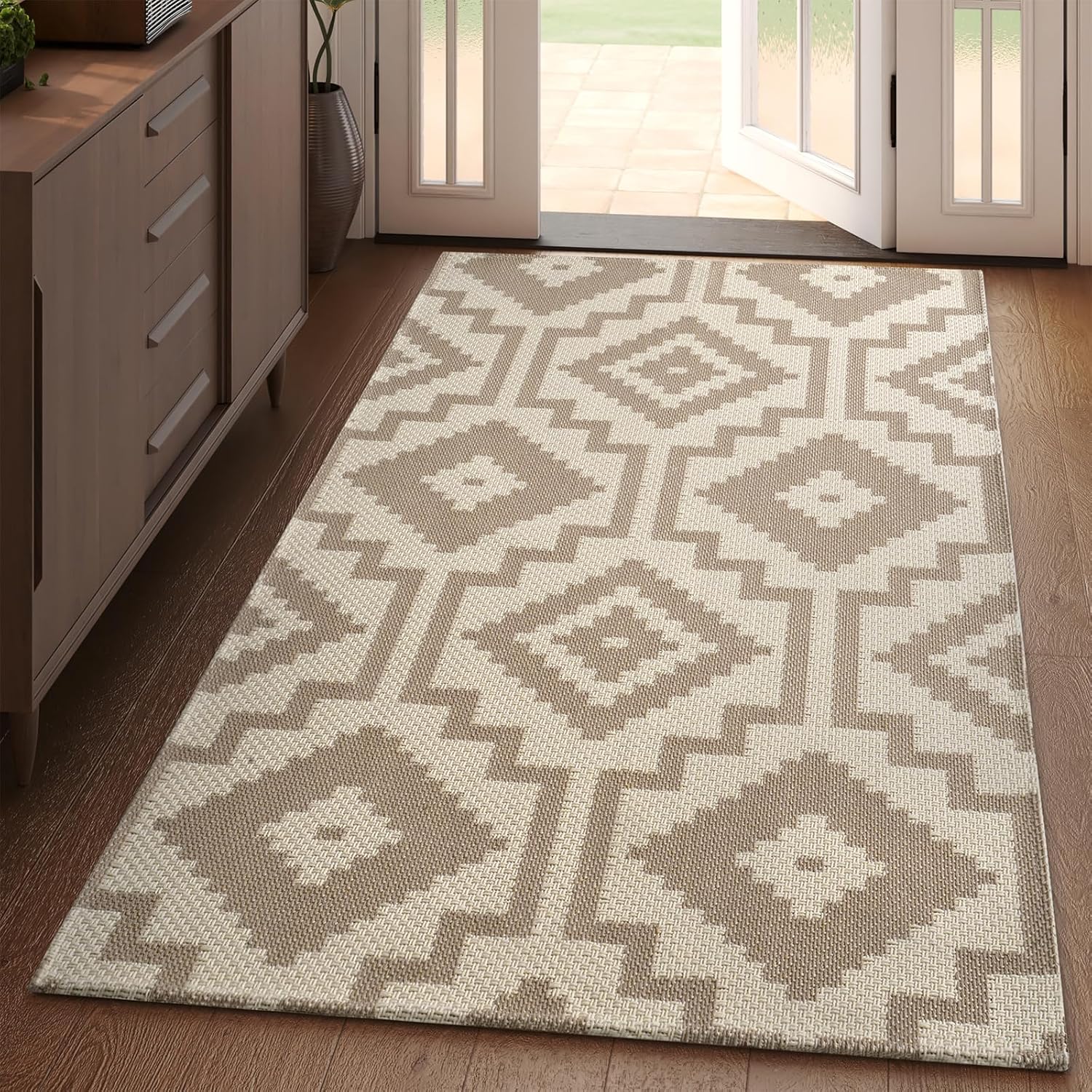 3x5 ft Boho Area Rug Entryway Runner for Kitchen, Non Slip Washable Woven Hallway Rugs Kitchen Mats for Floor, Low Pile Floor Carpet Indoor for Kitchen, Backdoor, Living Room, Easy Clean, Brown