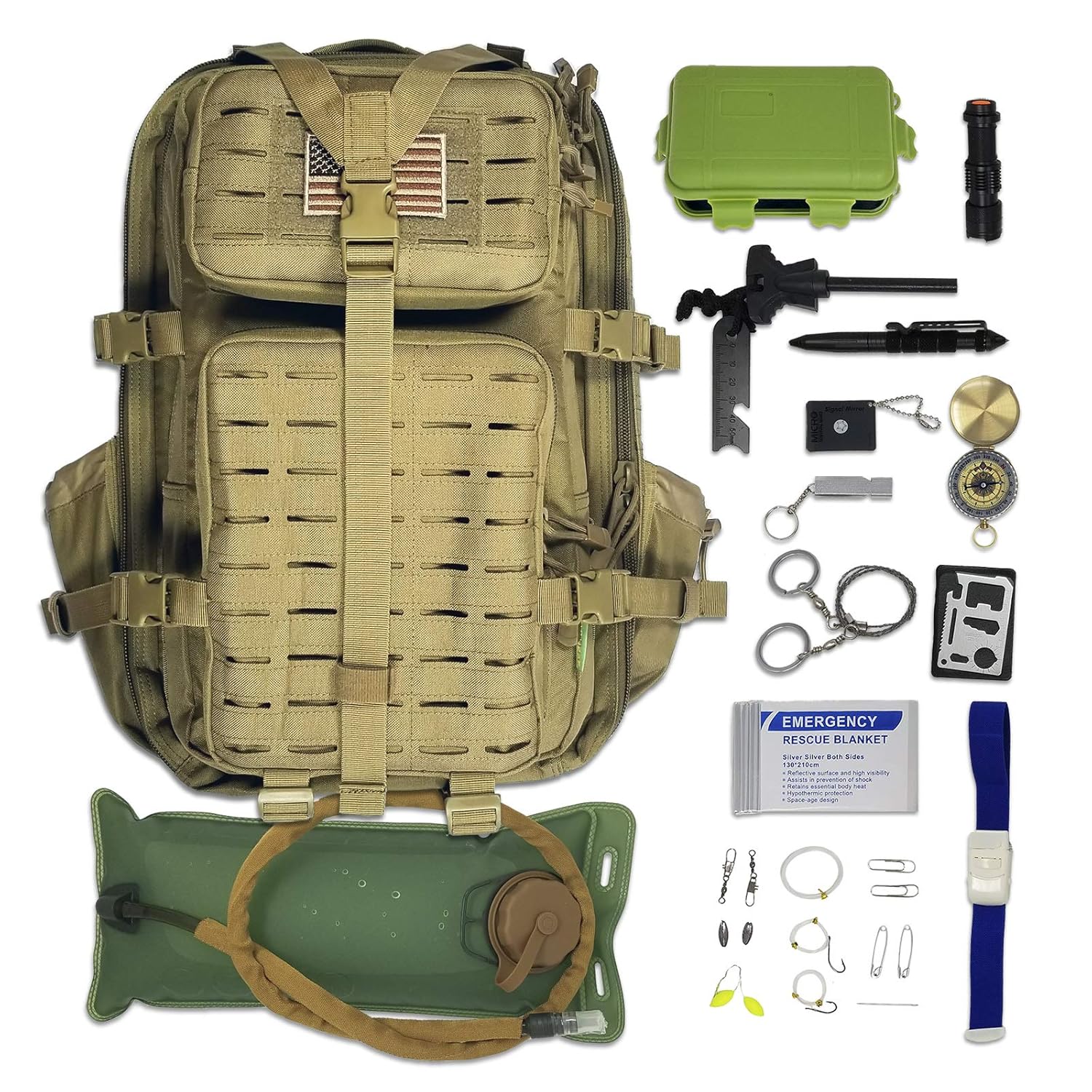 Tactical Backpack + Hydration Bladder with Emergency & Survival Gear