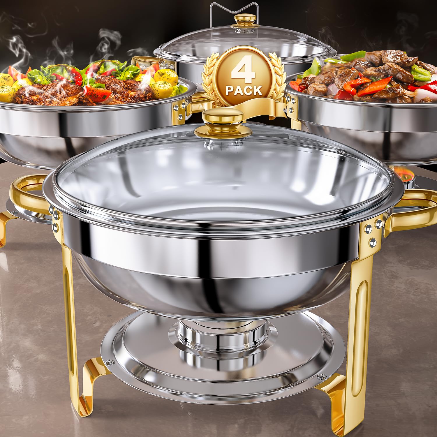 Chafing Dishes for Buffet Set: 100% Pre-Installed Chafers for Catering - Round Chafing Dish Buffet Set with Lids | Chafers and Buffet Warmers Sets | Serving Food Warmer | Chafers Servers Sets