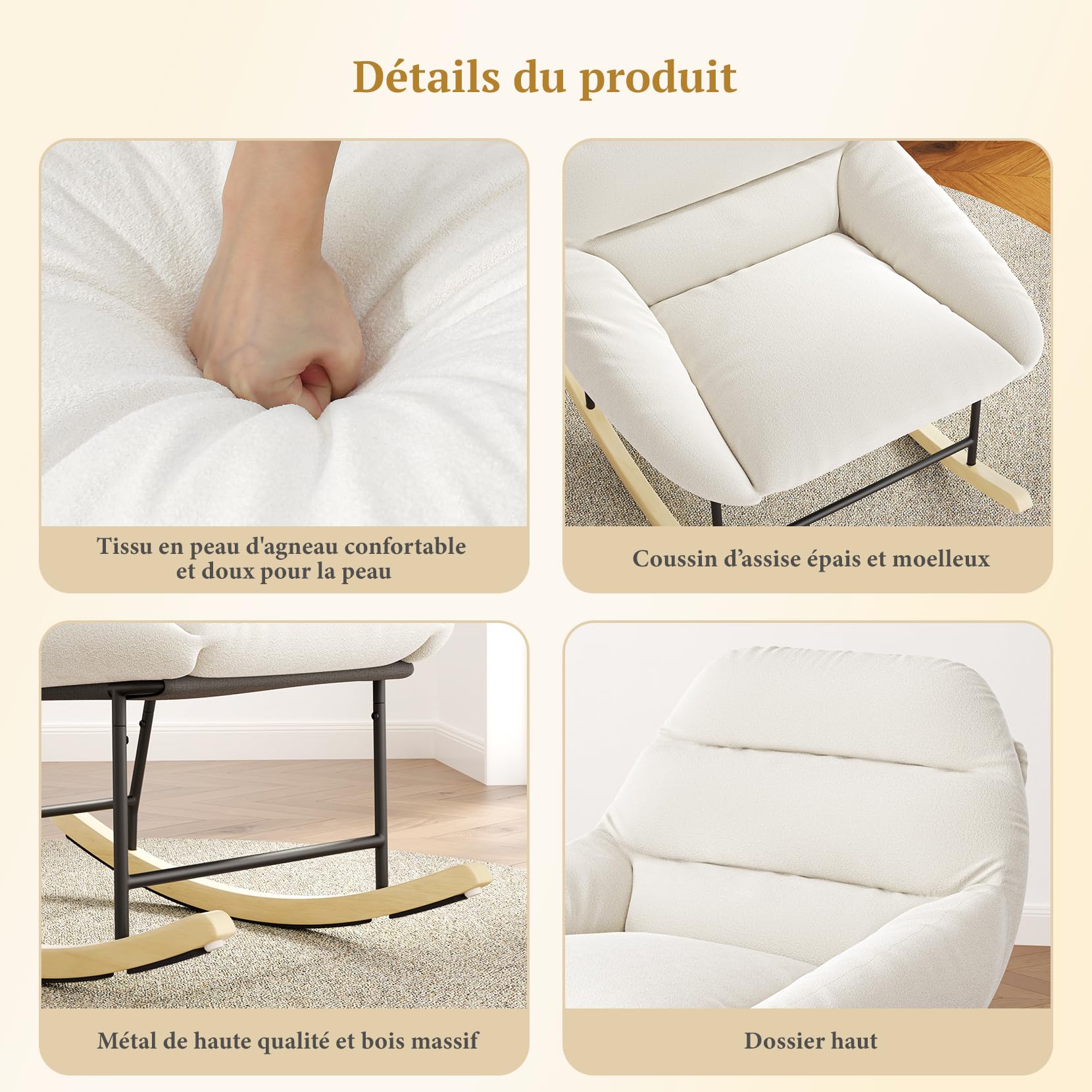 Fauteuil à bascule confortable pour chambre d'enfant, avec rembourrage en polaire Sherpa, assise profonde, assise rembourrée et accoudoirs larges, pour salon, chambre à coucher et bureau, beige