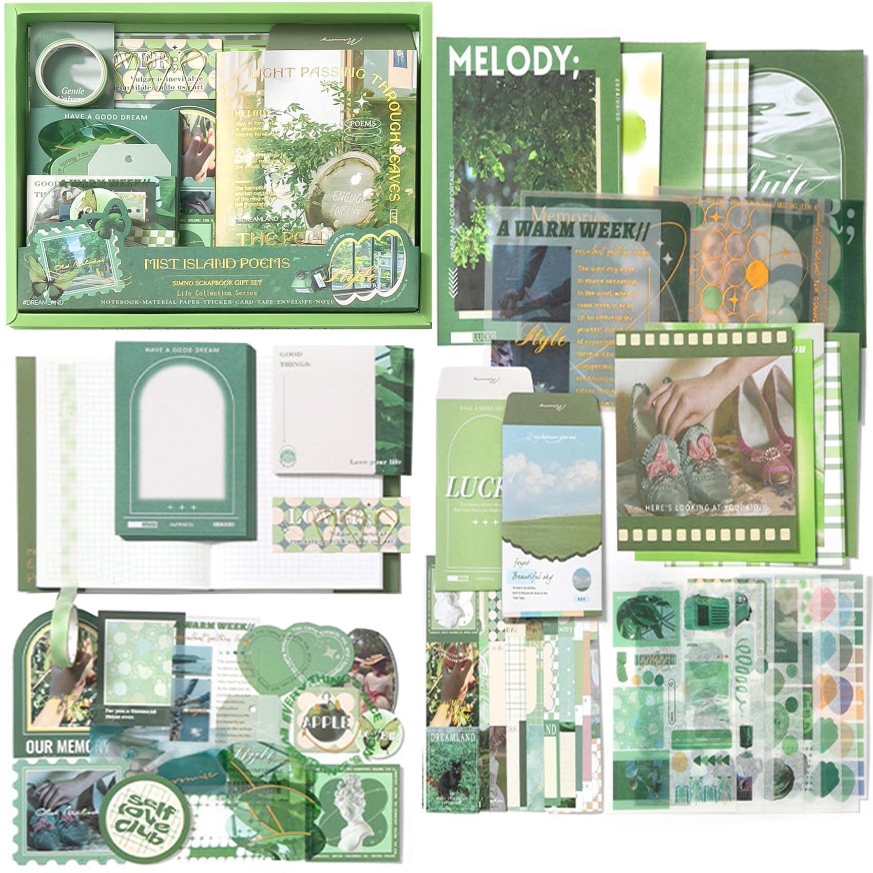 BetterJonny 116 Pcs Aesthetic Scrapbook Kit, Vintage Scrapbook Journaling with A6 Grid Notebook Washi Paper Stickers Green Art Journaling Scrapbooking Supplies for DIY Arts Crafts Collage Decorative