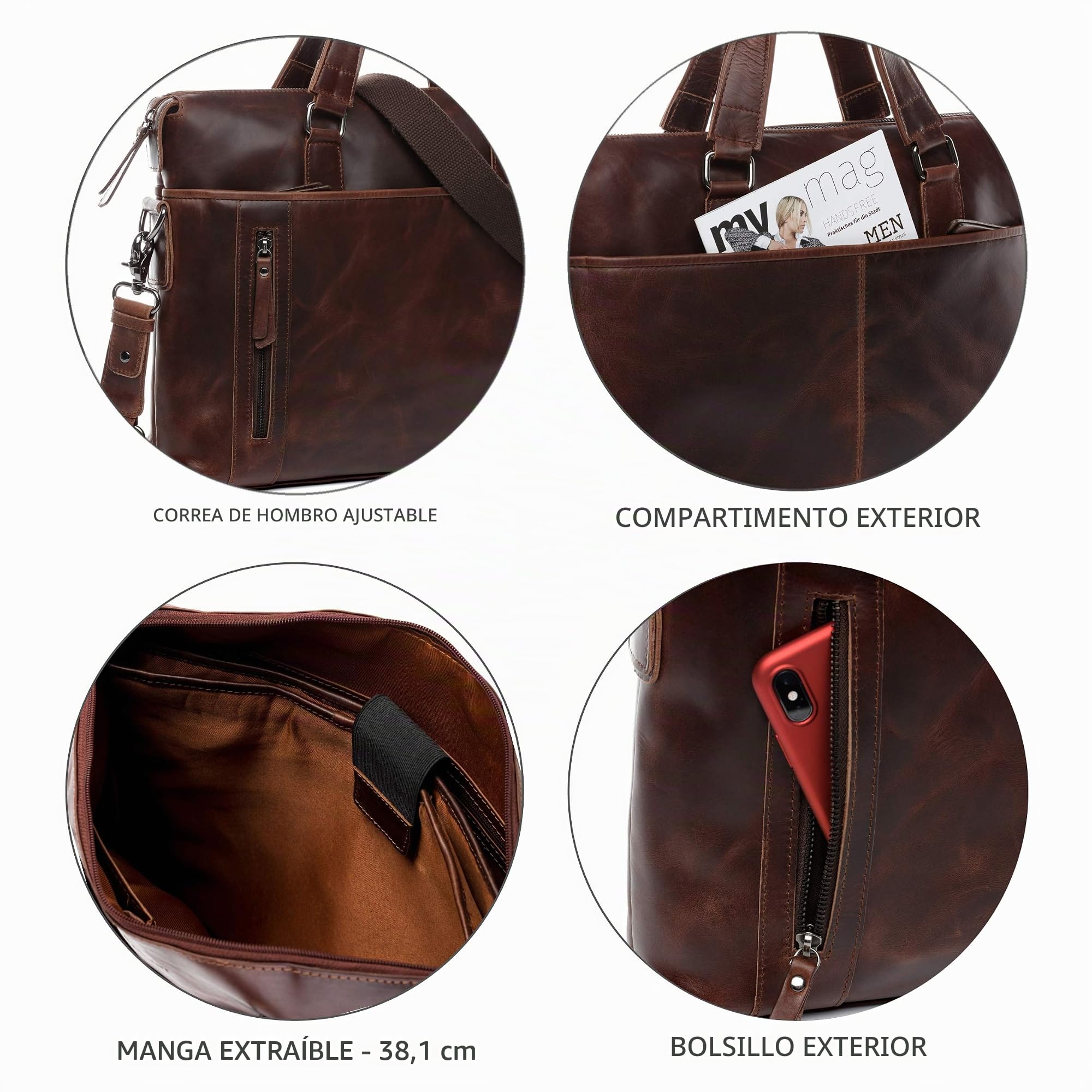 BACCINI Maletín para portátil grande cuero I Bolso para notebook 15,6" con funda extraíble para el portátil I Bandolera para laptop LEANDRO hecho a mano