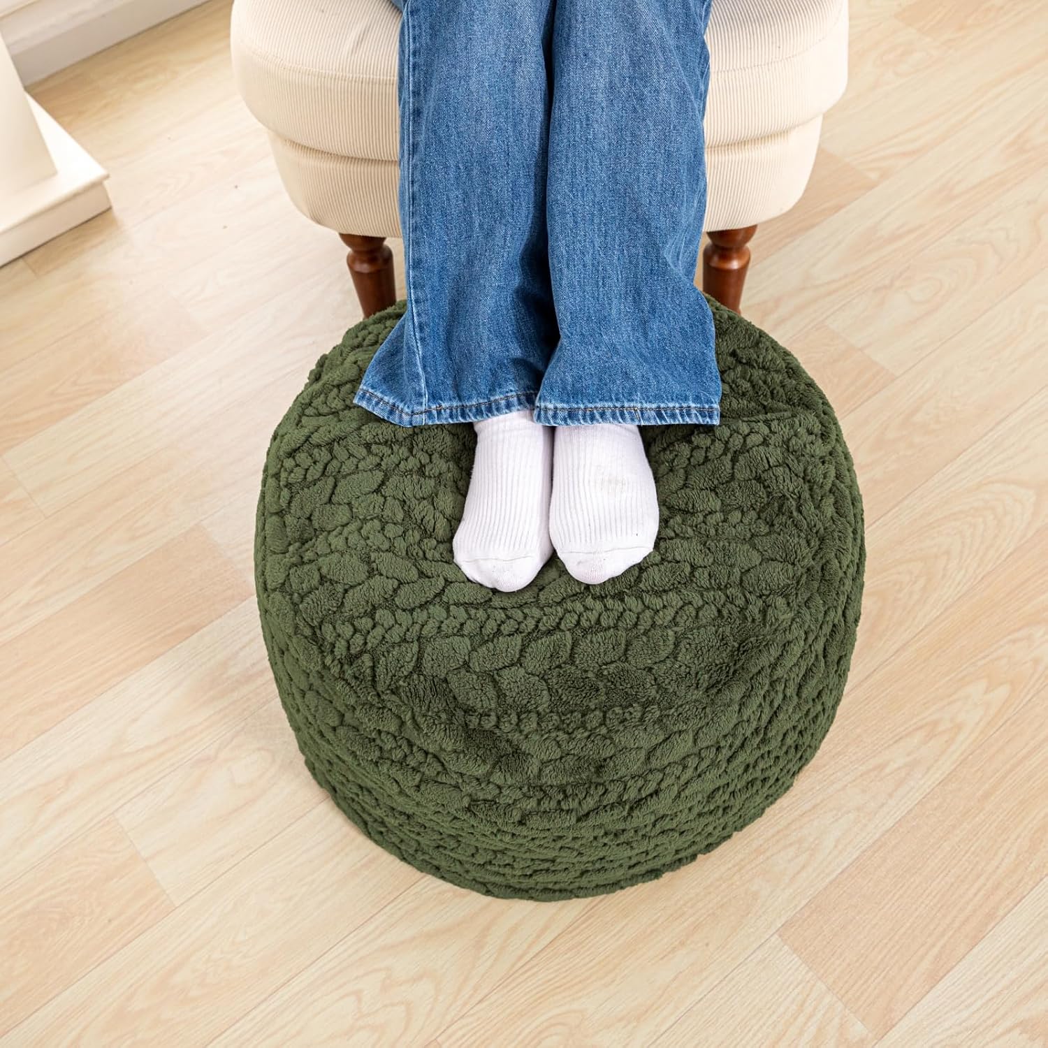 Poofieotto Unstuffed Ottoman Pouf Cover – Round Faux Fur Footstool Plush Floor Pouf (No Filler Included) Perfect for Living Room, Bedroom, or Office Lounge (Green, 20x20x15 in)